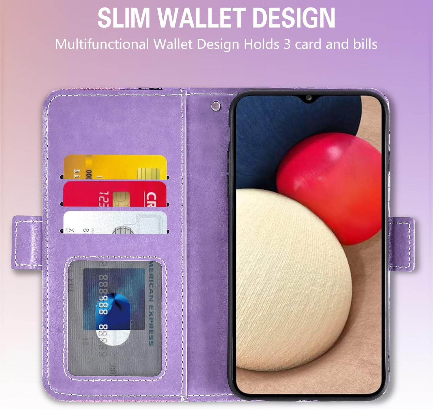 Asuwish Funda de teléfono para Samsung Galaxy A02s con protector de pantalla y correa para la muñeca, soporte para tarjetas con purpurina brillante,