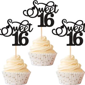 Rsstarxi Paquete de 30 adornos para cupcakes con purpurina de 16 años de edad, diseño de corazón de amor, para cumpleaños de 16 años, bodas, Rsstarxi Paquete de 30 adornos para cupcakes con purpurina de 16 años de edad, diseño de corazón de amor, para cumpleaños de 16 años, bodas,