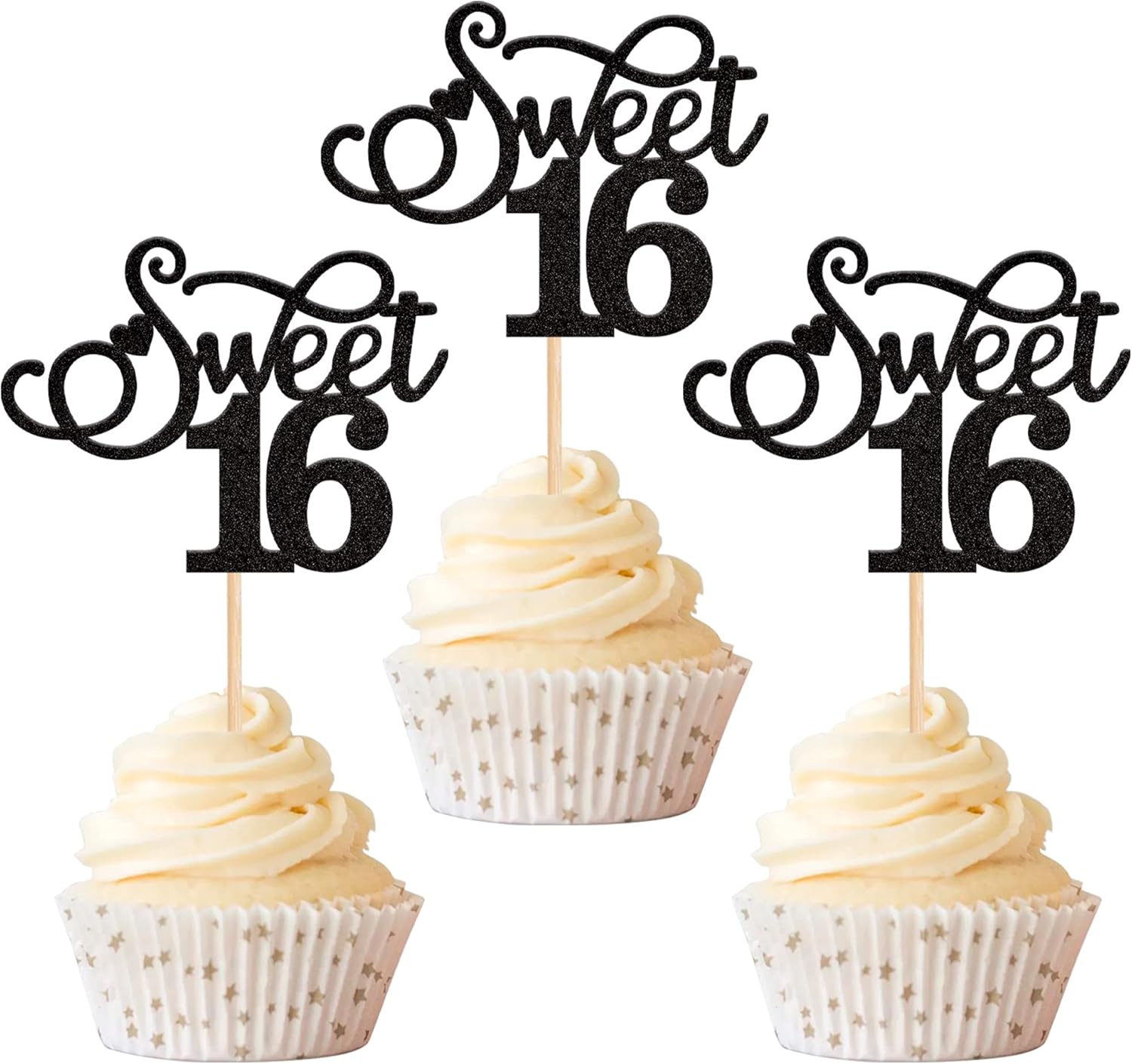 Rsstarxi Paquete de 30 adornos para cupcakes con purpurina de 16 años de edad, diseño de corazón de amor, para cumpleaños de 16 años, bodas,