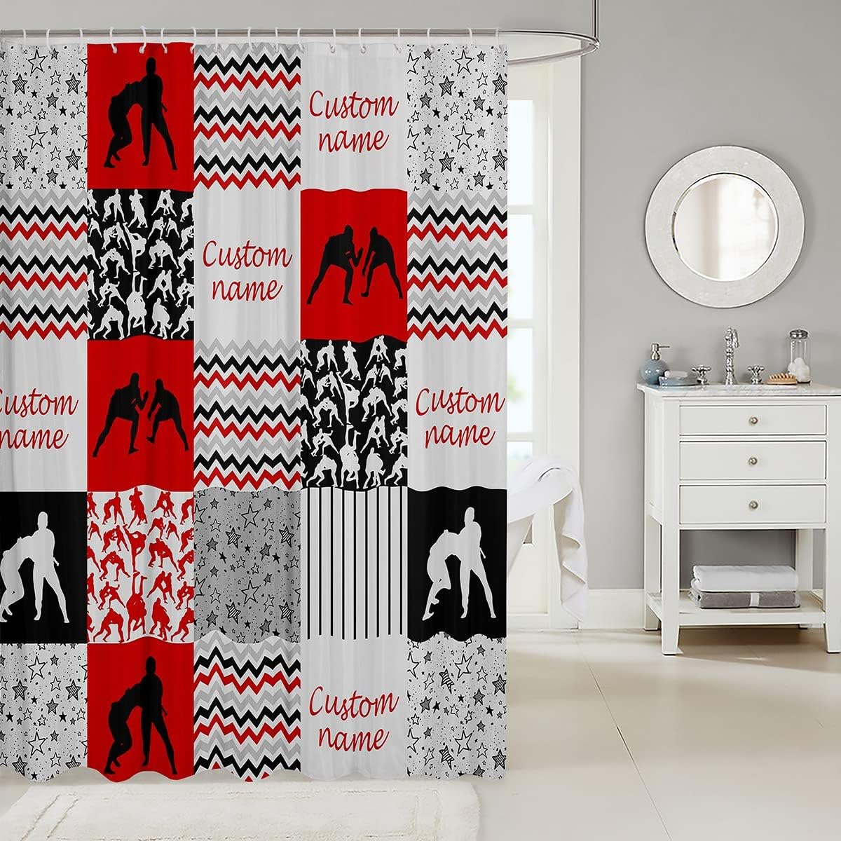 Erosebridal Cortina de ducha personalizada de lucha libre, juego de cortina de ducha a cuadros cuadriculados para niños y hombres, cortina de baño