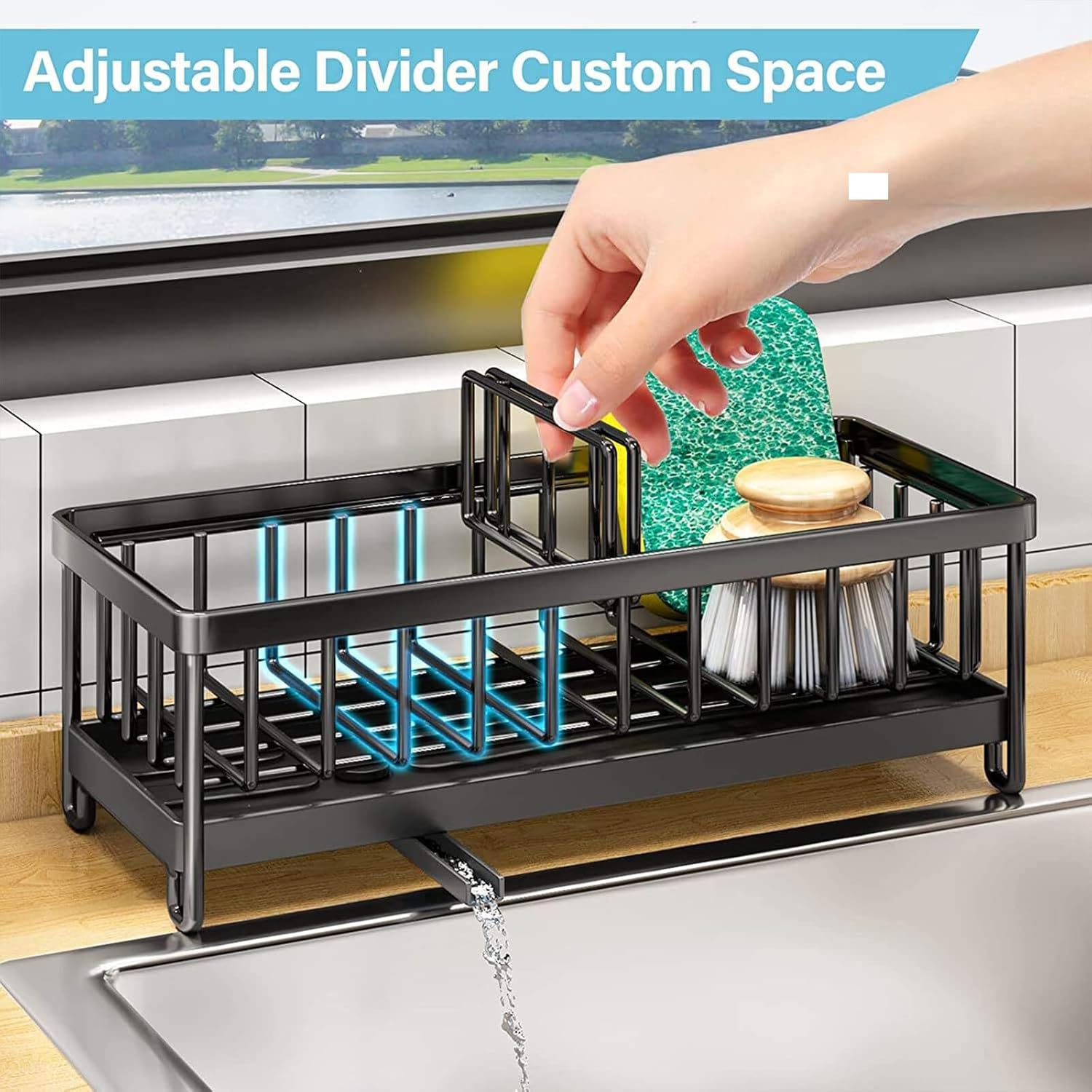 Camidy Organizador multifuncional para fregadero de cocina, organizador de cepillos para fregadero con bandeja de drenaje extraíble, organizador de