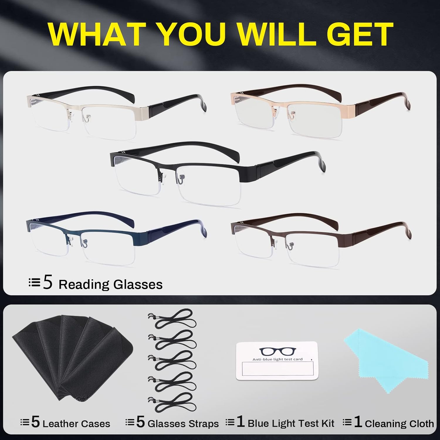 BLS BLUES Paquete de 5 fundas para lentes para hombre y lentes de lectura con luz azul, fundas suaves 3.25X