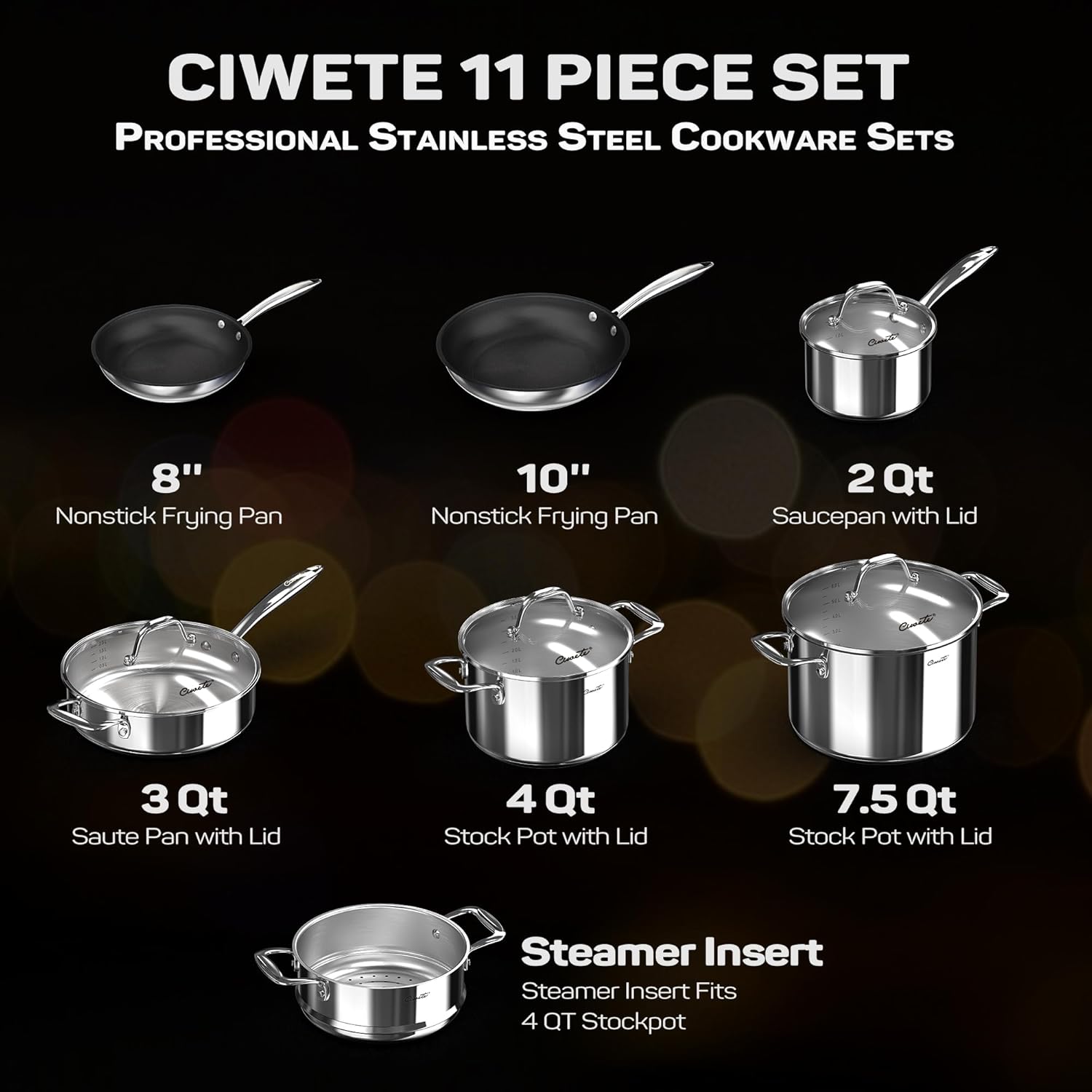 Juego de ollas y sartenes antiadherentes de acero inoxidable, 11 piezas, 1810 de triple capa, juego de utensilios de cocina de inducción de acero