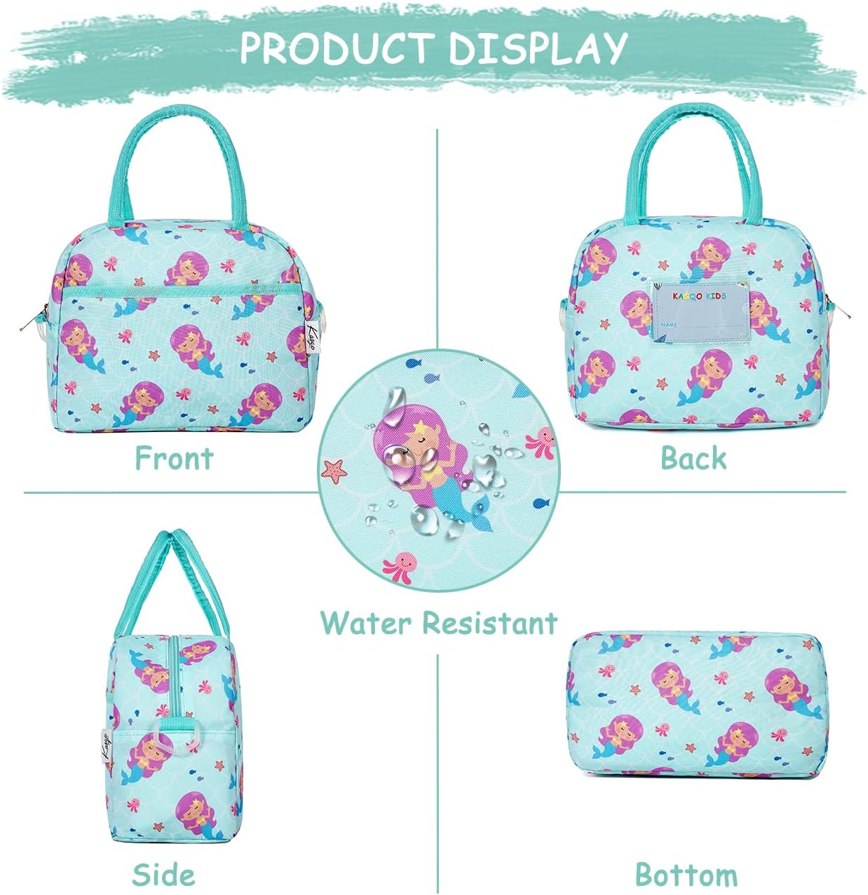 Kasqo Lonchera para niños, bolsa térmica aislada para niñas pequeñas con correa de hombro frontal y bolsillo, sirena