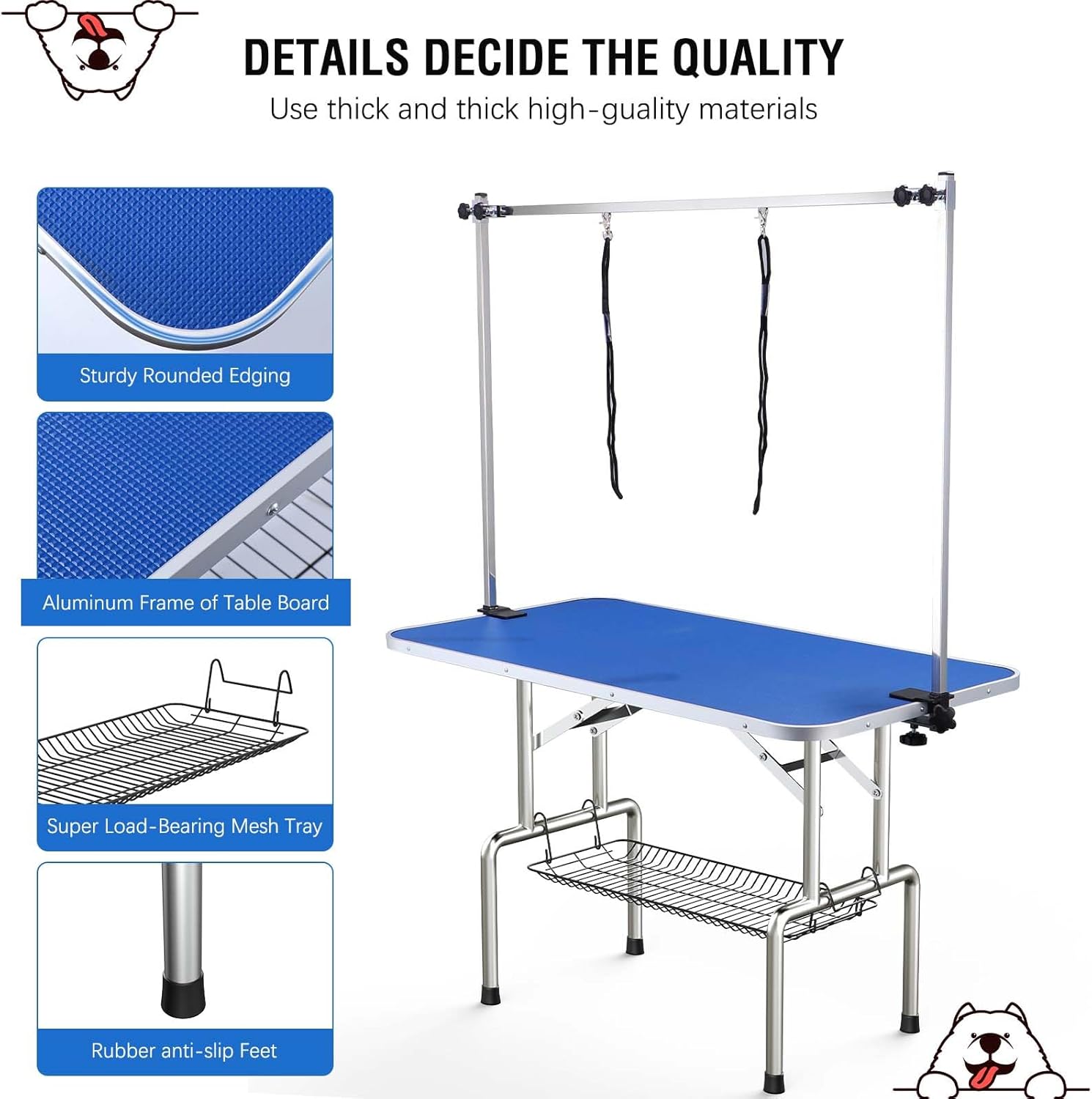 Mesa plegable de aseo para perros y mascotas, altura ajustable, mesa portátil de aseo para perros de 46 pulgadas con brazo y bandeja de malla,
