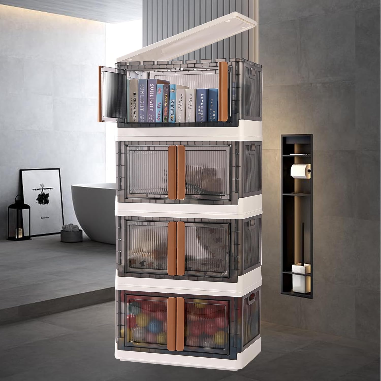 El almacenamiento plegable de ropa con ruedas se puede apilar libremente, contenedores apilables con tapa y puerta para juguetes, ropa de temporada,