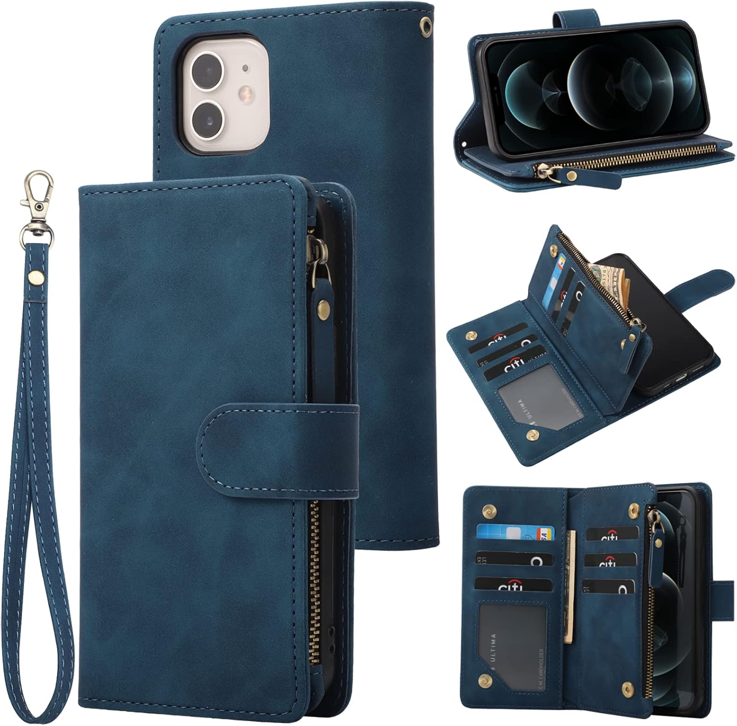 RANYOK Funda tipo cartera compatible con iPhone 11 (6.1 pulgadas), piel sintética de alta calidad, con cremallera, cartera con bloqueo RFID y correa