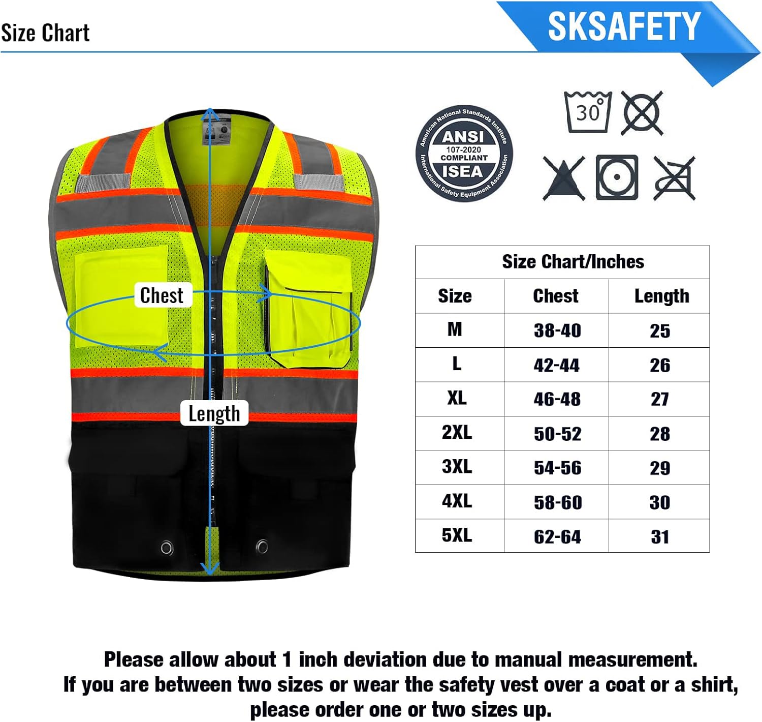 SKSAFETY Chaleco de seguridad de nivel profesional de 10 bolsillos, seguridad de alta visibilidad clase 2 con cremallera, Hi Vis con tiras