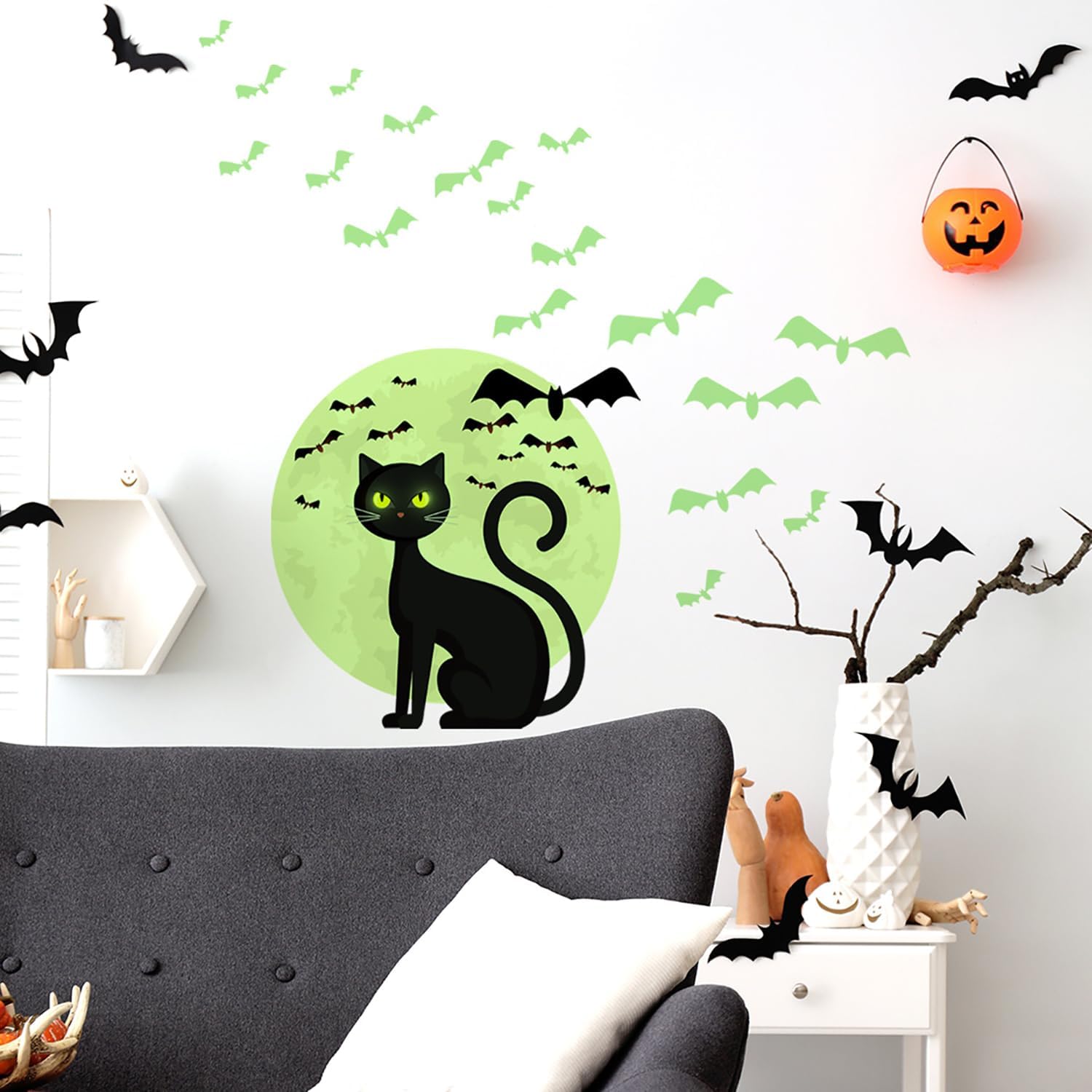 Calcomanías de pared de Halloween que brillan en la oscuridad, calcomanías de pared de Halloween, calcomanías de pared luminosas de gato,