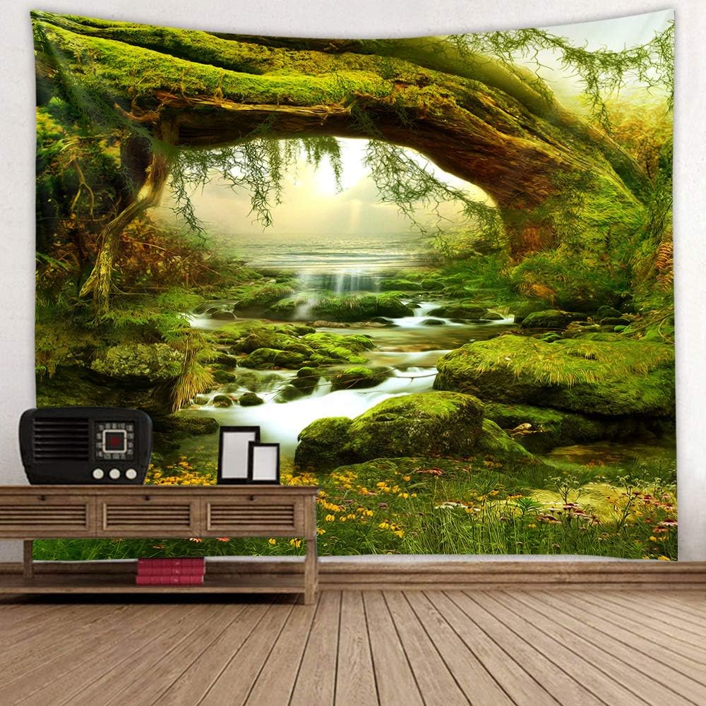 Tapiz de bosque mágico, decoración para el hogar, sala de estar, dormitorio, para usar como cortina (luz del sol y arroyo, 90.5 de largo x 70.8 de