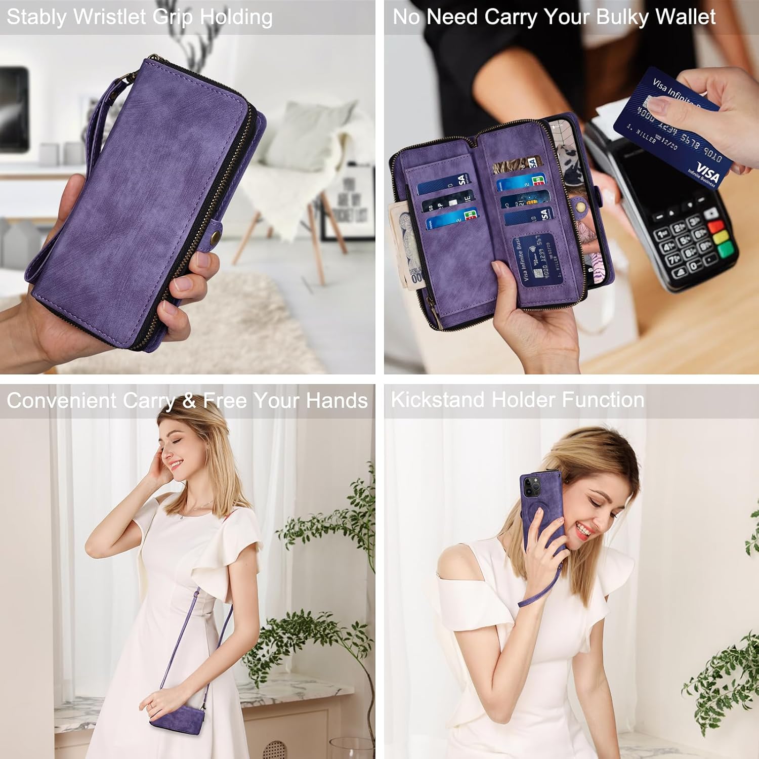 Rssviss Funda tipo cartera para iPhone 15 Pro Max Crossbody con correa para la muñeca, funda con cremallera abatible compatible con Magsafe, funda