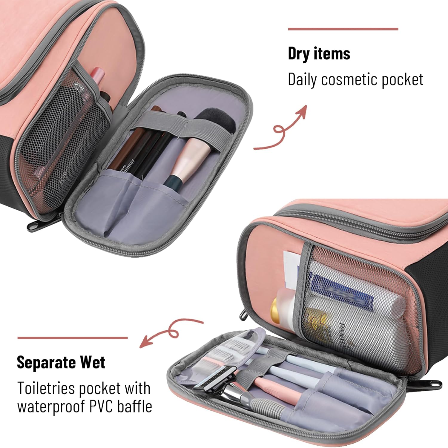 WOOMADA Neceser de aseo para mujer, resistente al agua, bolsa de maquillaje con gancho colgante de metal, 7 compartimentos organizadores, bolsa