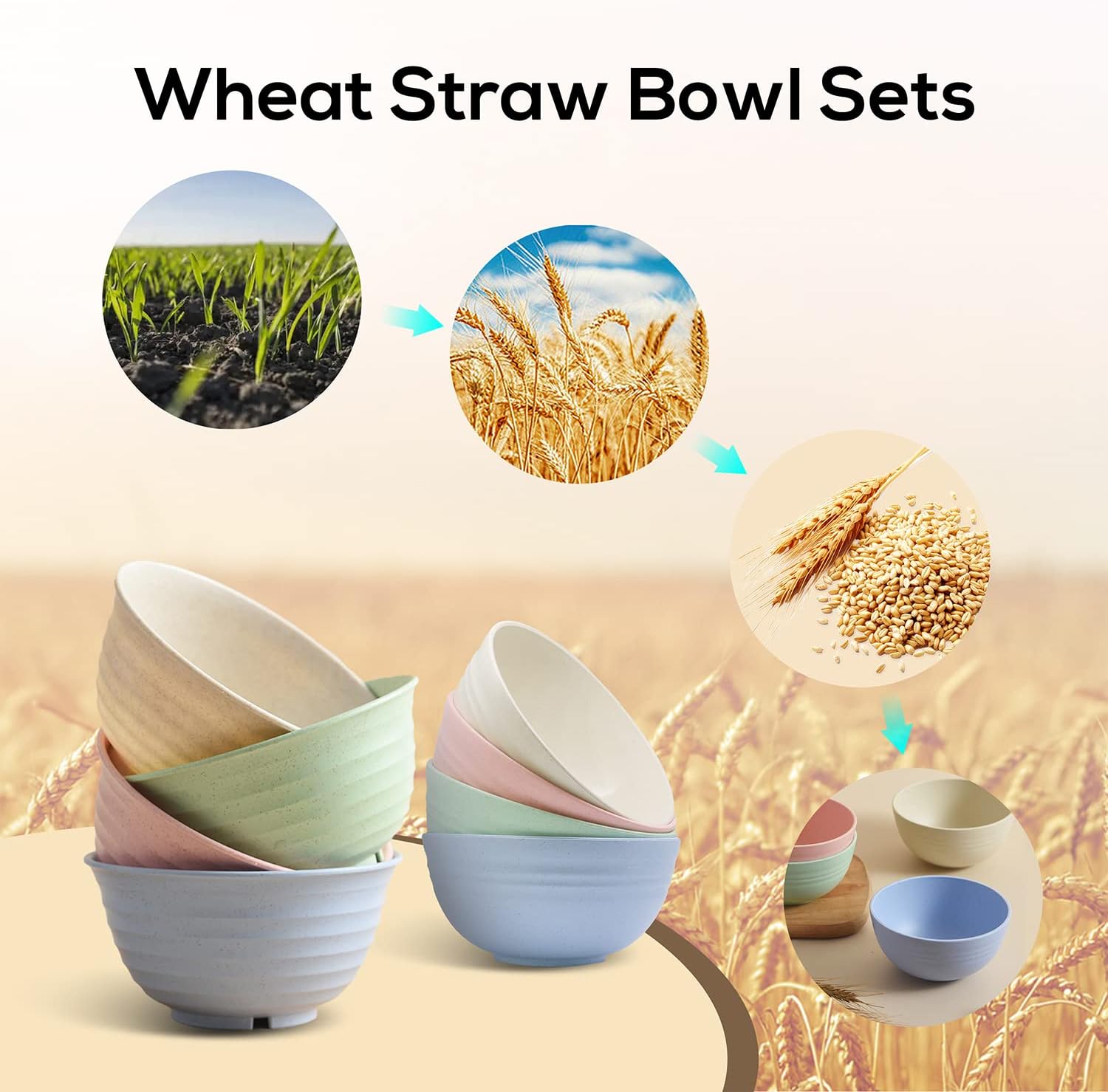 Juego de 4 cuencos de ensalada de 26 onzas, cuencos pequeños de paja de trigo para cocina, tazones de sopa, tazón de cereal para desayuno,