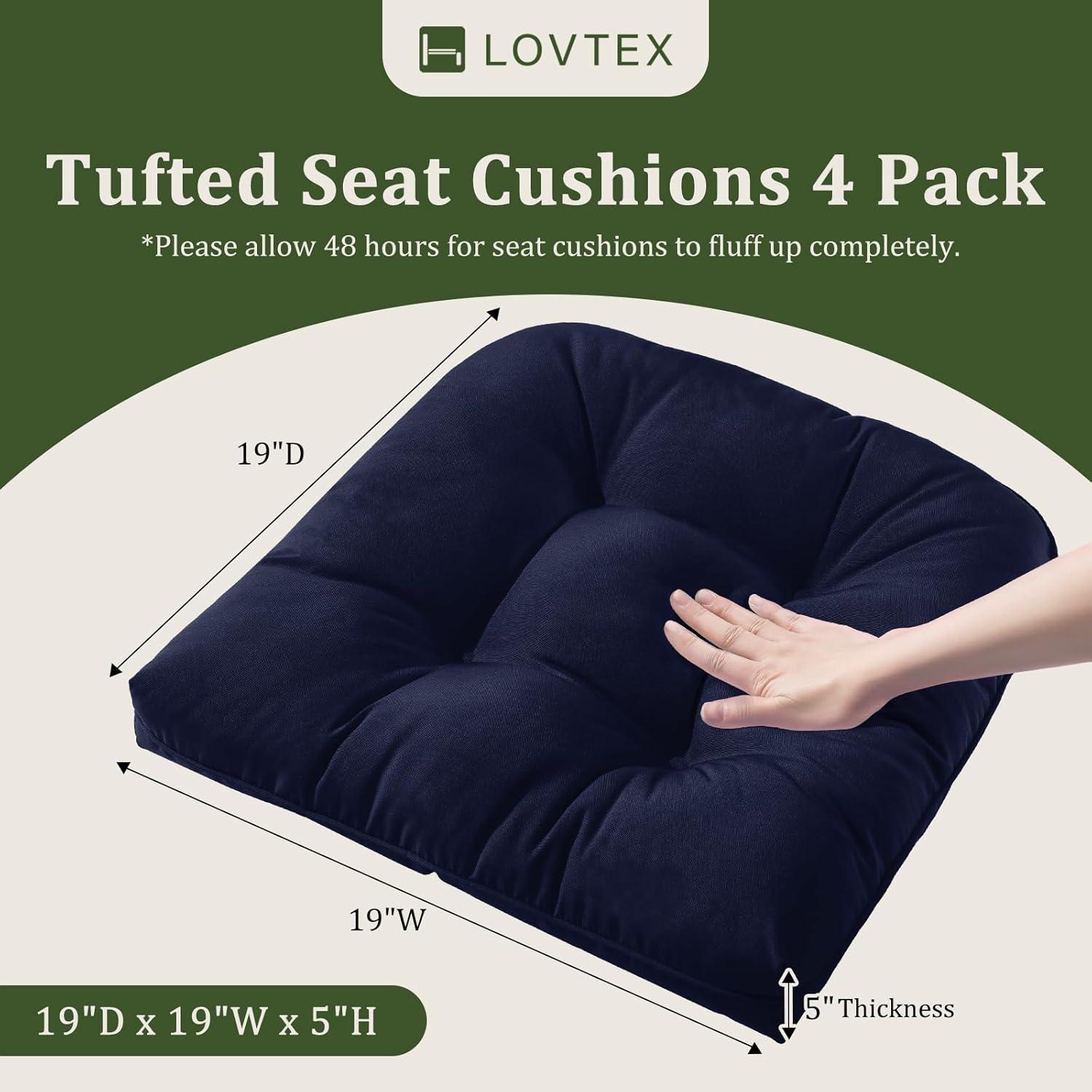 LOVTEX Juego de 4 cojines de asiento copetudos para interiores y exteriores para muebles de patio, 19 x 19 pulgadas, color azul marino, cojines para