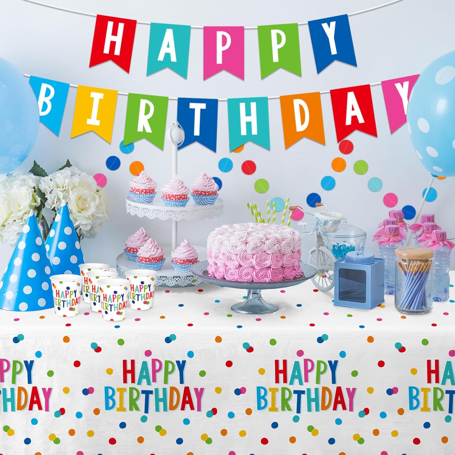 Decoraciones de feliz cumpleaños juego de suministros de fiesta de feliz cumpleaños con diseño de puntos de cumpleaños, incluye platos de cumpleaños