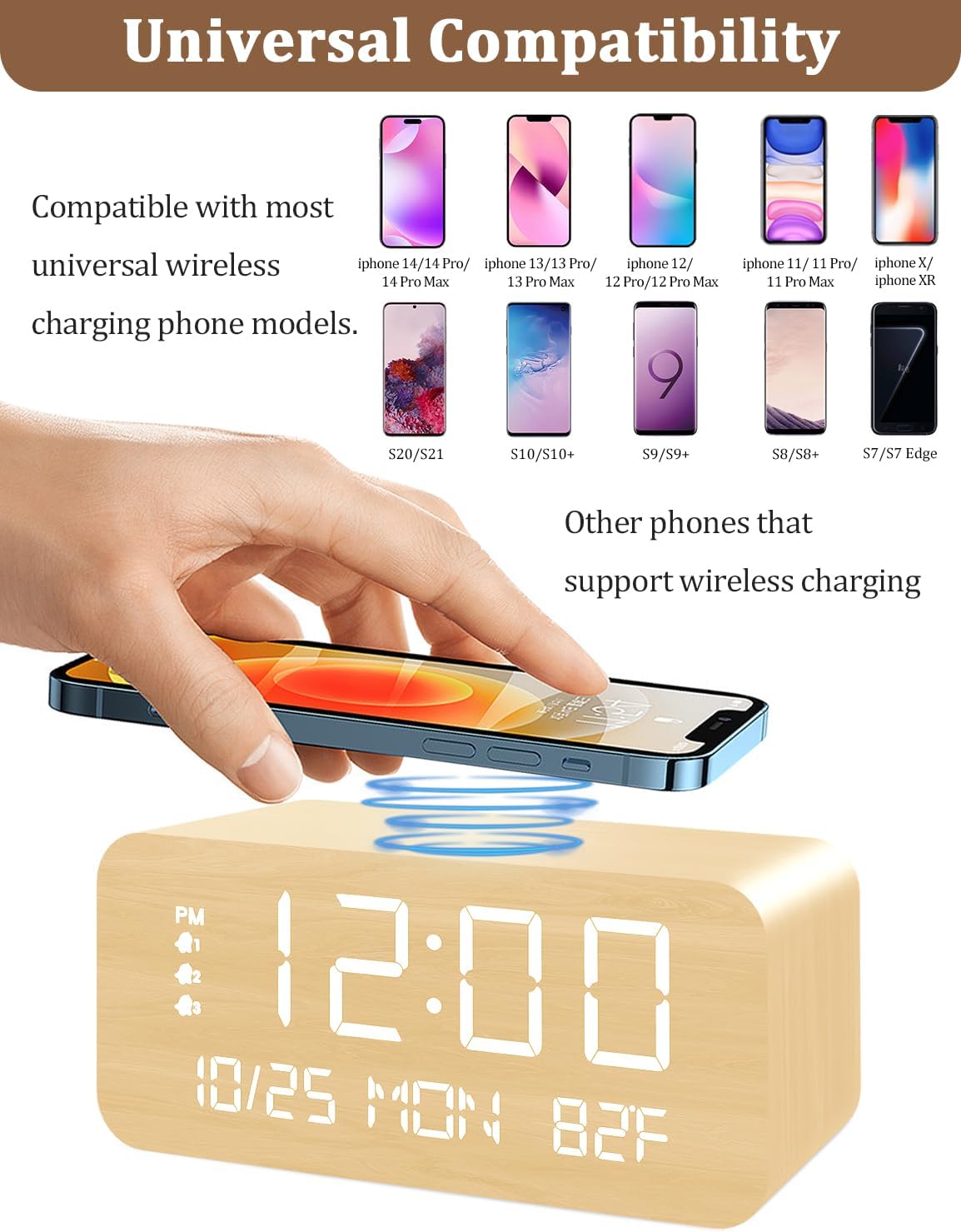 JALL Reloj despertador digital, con pantalla LED electrónica de madera, 3 ajustes de alarma, carga inalámbrica de 10 W, día de la semana, detección