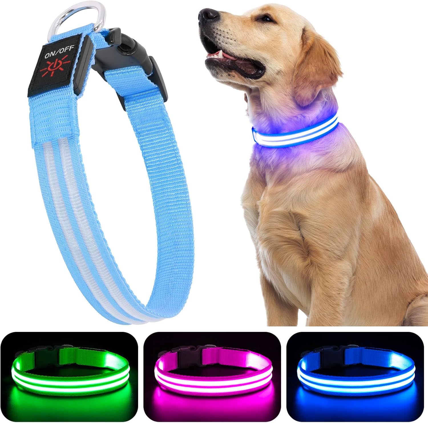 Dolitego Collares de perro iluminados  Collares de perro recargables que brillan en la oscuridad, collar LED ajustable para perro, luces de perro