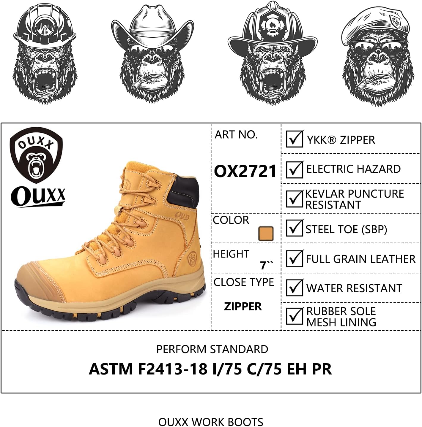OUXX Botas de trabajo para hombres, impermeables, punta de acero YKK con cremallera antideslizante de cuero, a prueba de pinchazos, transpirables,