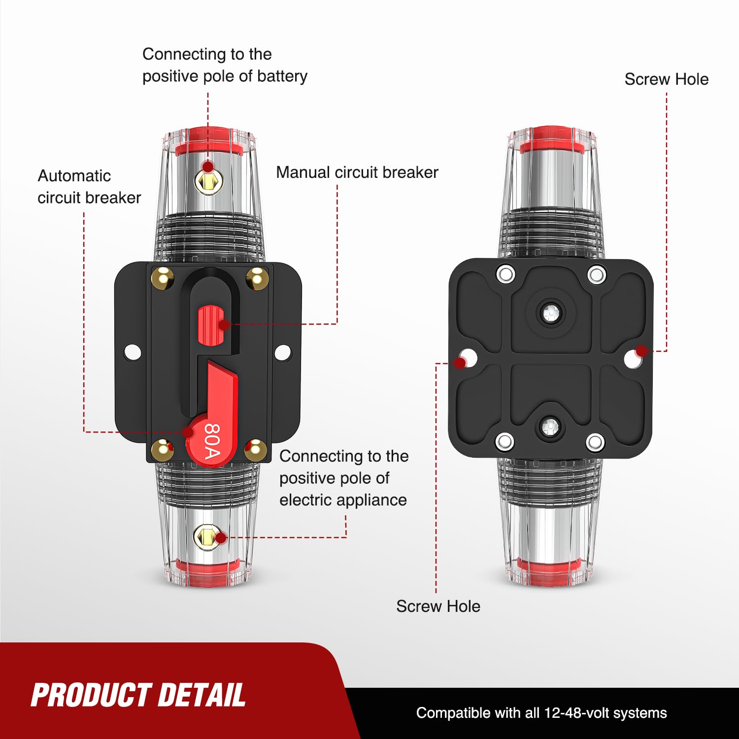 Nilight Disyuntor en línea 80A reiniciable 12-24V CC Soporte de fusibles de reinicio manual de 3-15 AWG protección de sobrecarga para sistema de