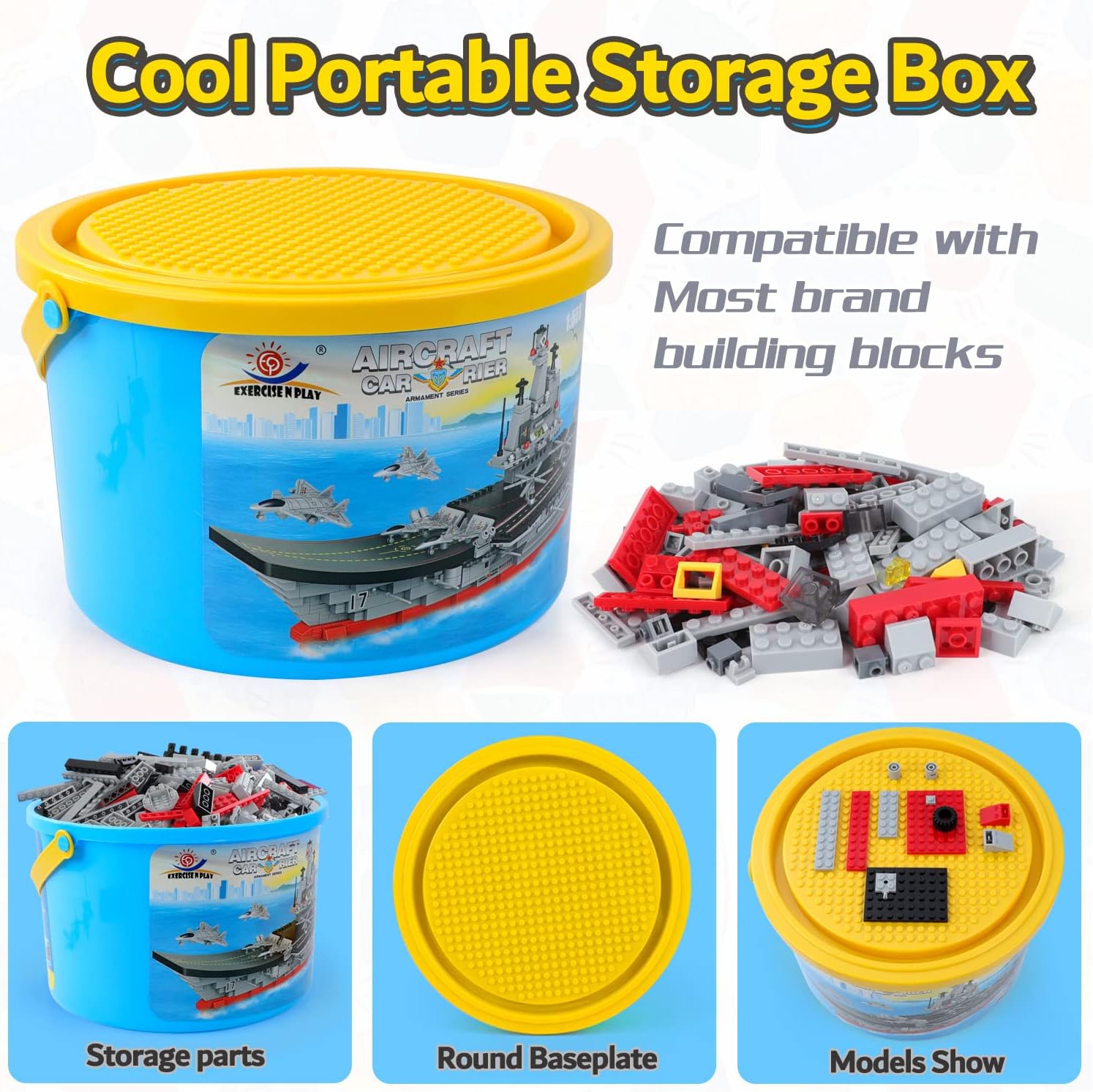 Juego de bloques de construcción de juguete con caja de almacenamiento, 1131 piezas, acorazado del ejército, aviones, barco, juguete de construcción