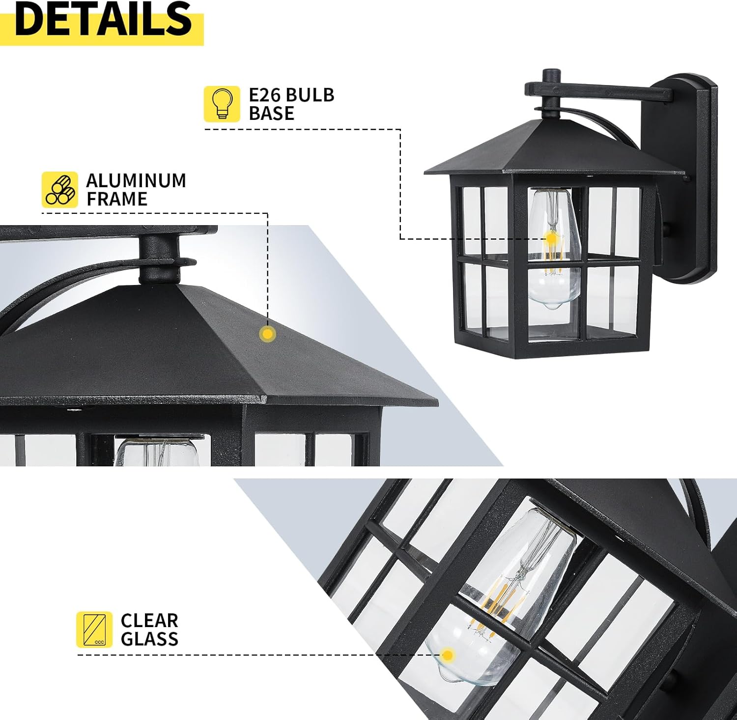 Lámpara de pared para exteriores con pantalla, impermeable, de aluminio negro mate, para patio, pasillo, pasillo, puerta, porche, patio