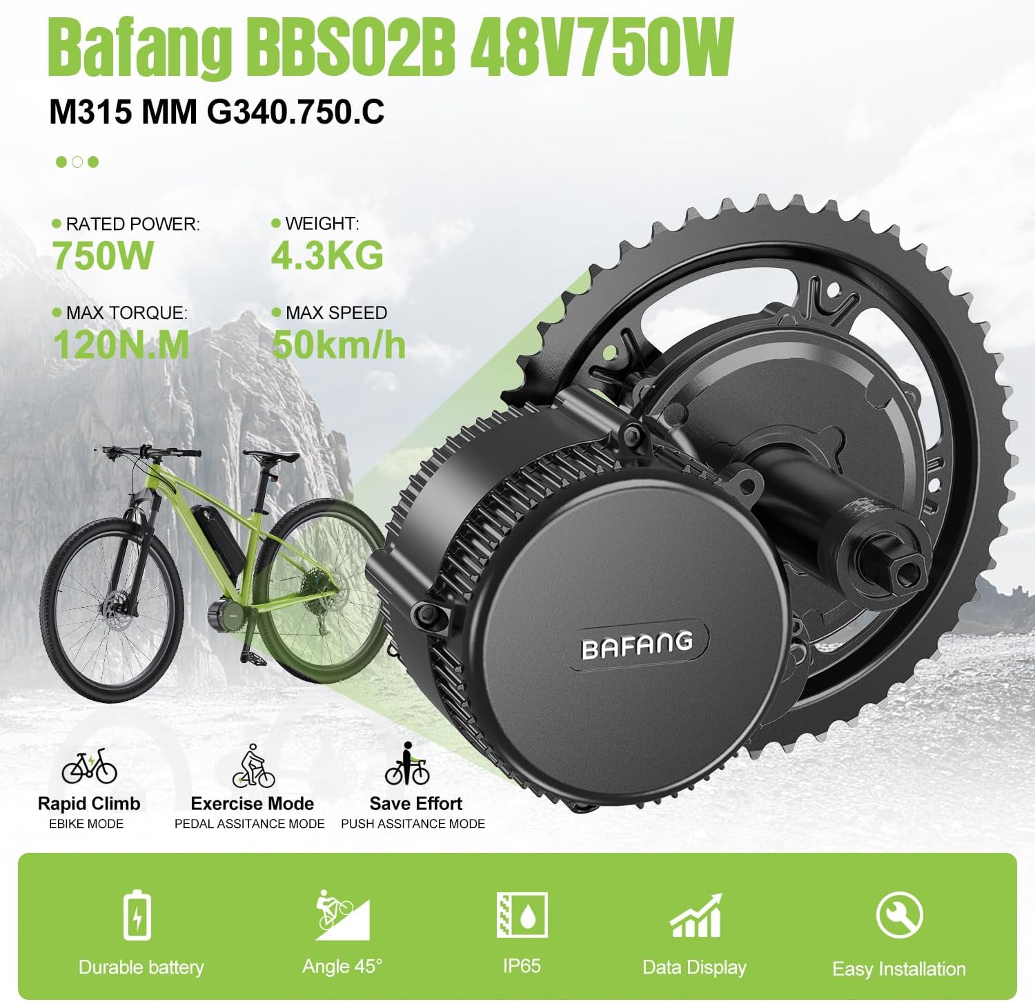 BAFANG Kit de transmisión media de 750 W con batería Opcional BBS02B 8FUN Kit de conversión de bicicleta eléctrica con pantalla LCD y plato, kit de