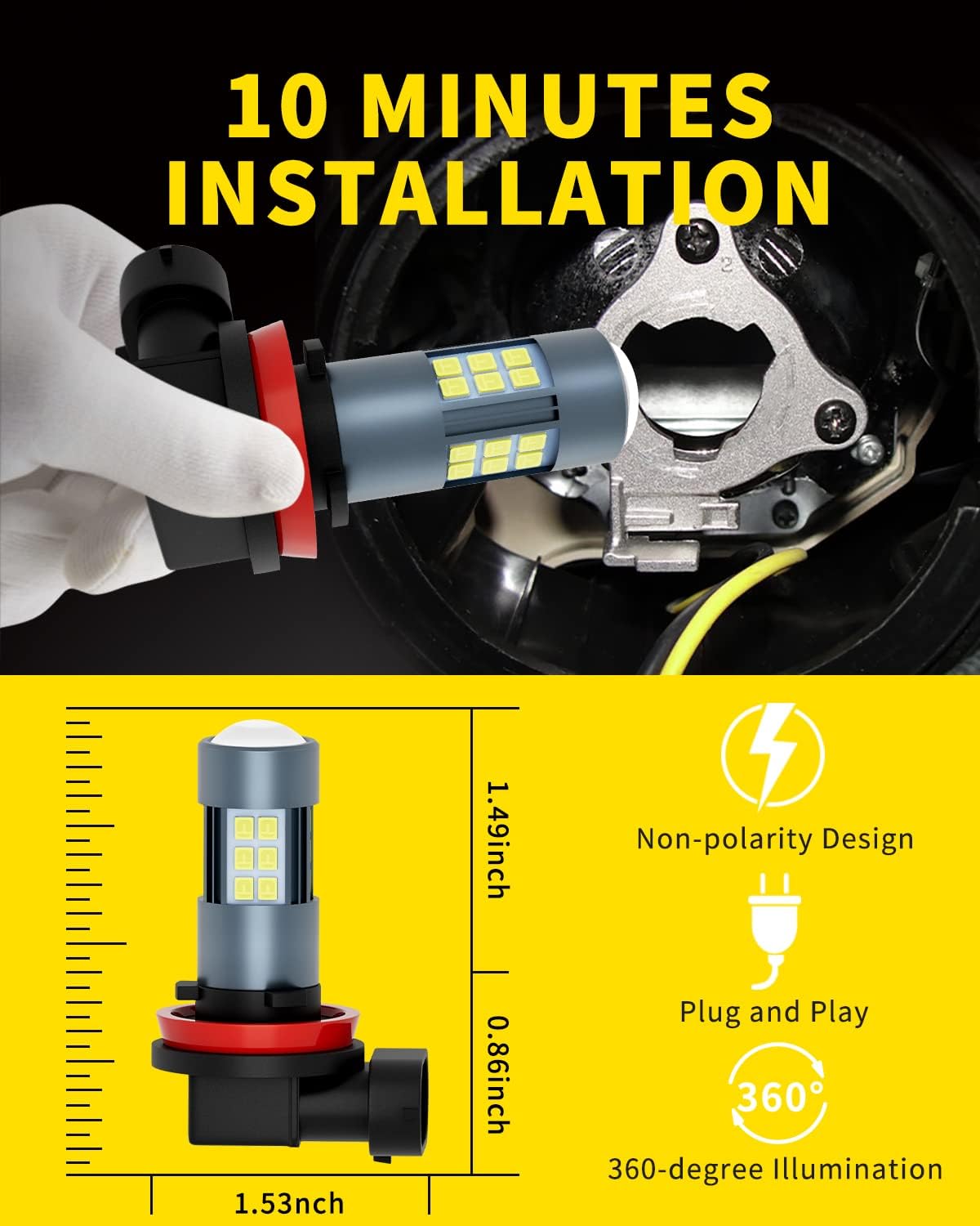 Bombillas LED antiniebla H11H8H9H16DRL, 3000 lúmenes superbrillantes, 6000 K xenón blanco, 300% de brillo, juego y enchufe sin polaridad,