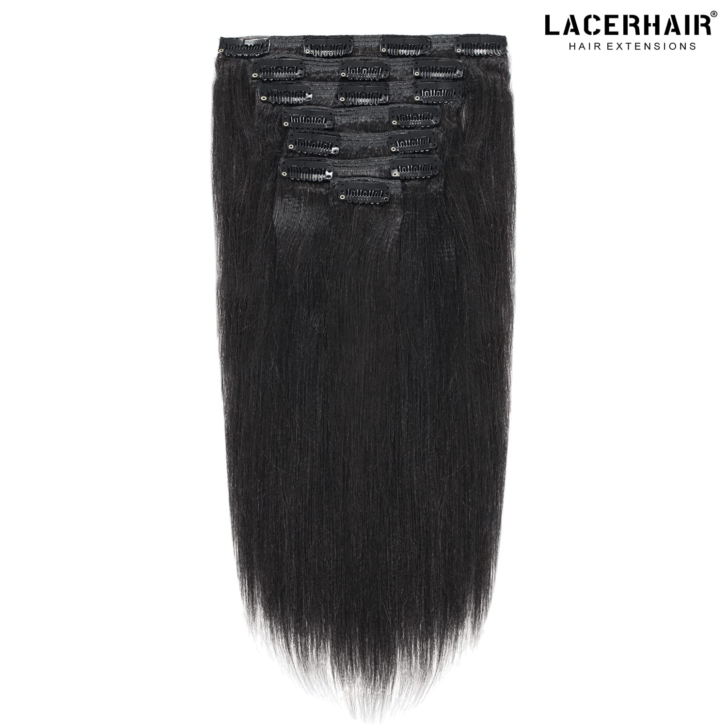 Lacer Extensiones de cabello humano Remy grueso y suave con clip, color negro azabache de 18 pulgadas, cabello humano lacio Yaki para mujeres