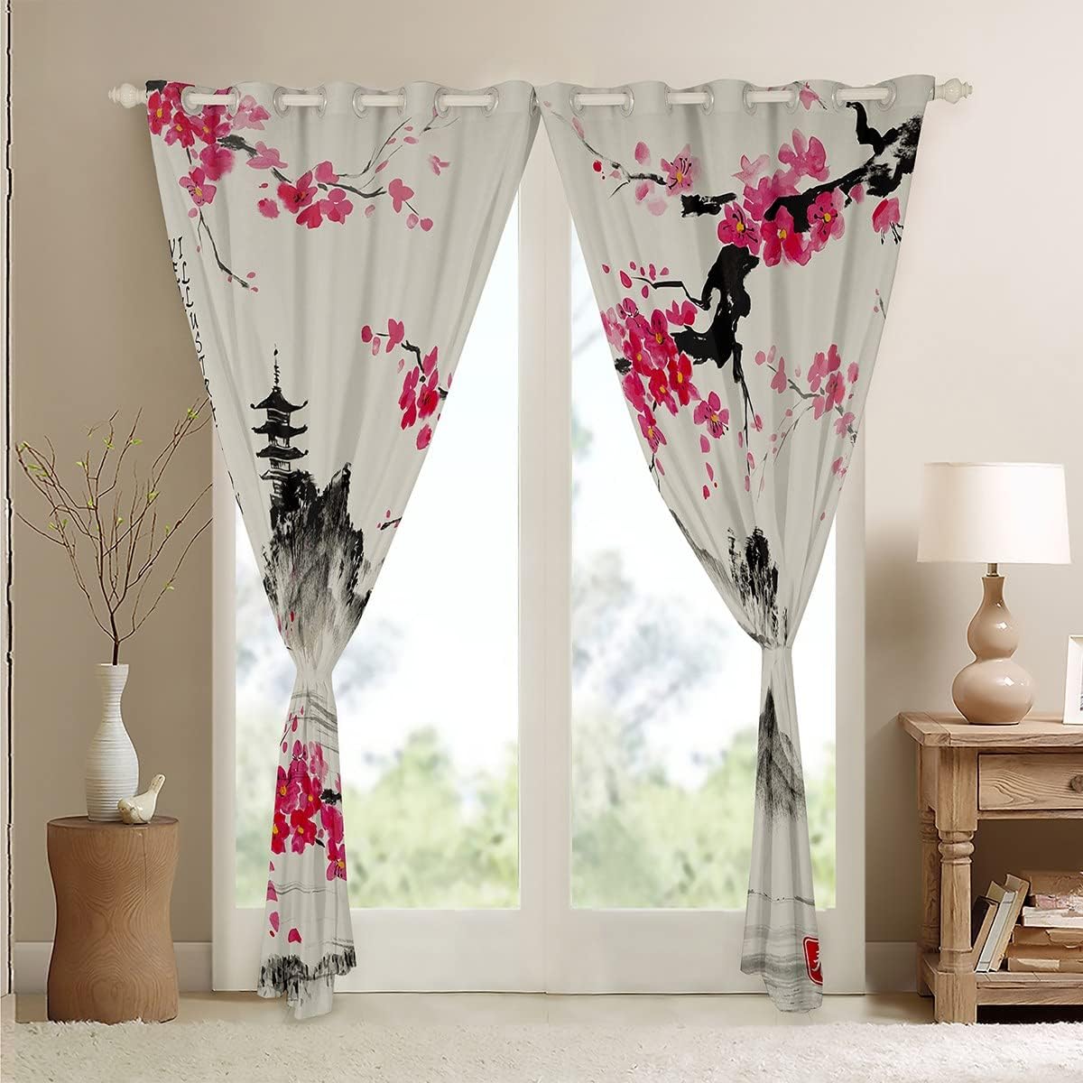 Cortinas de ventana con diseño de cerezo en flor para dormitorio, sala de estar, cortinas japonesas de montaña Fuji para niños y niñas, cortinas de