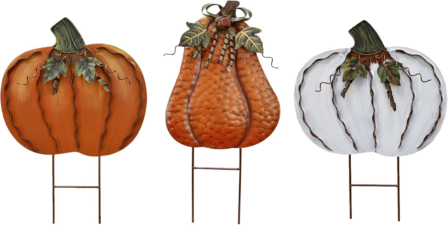 Estaca de metal con diseño de calabaza para jardín, decoración de otoño, decoración de calabazas rústicas para patio, decoración de patio al aire