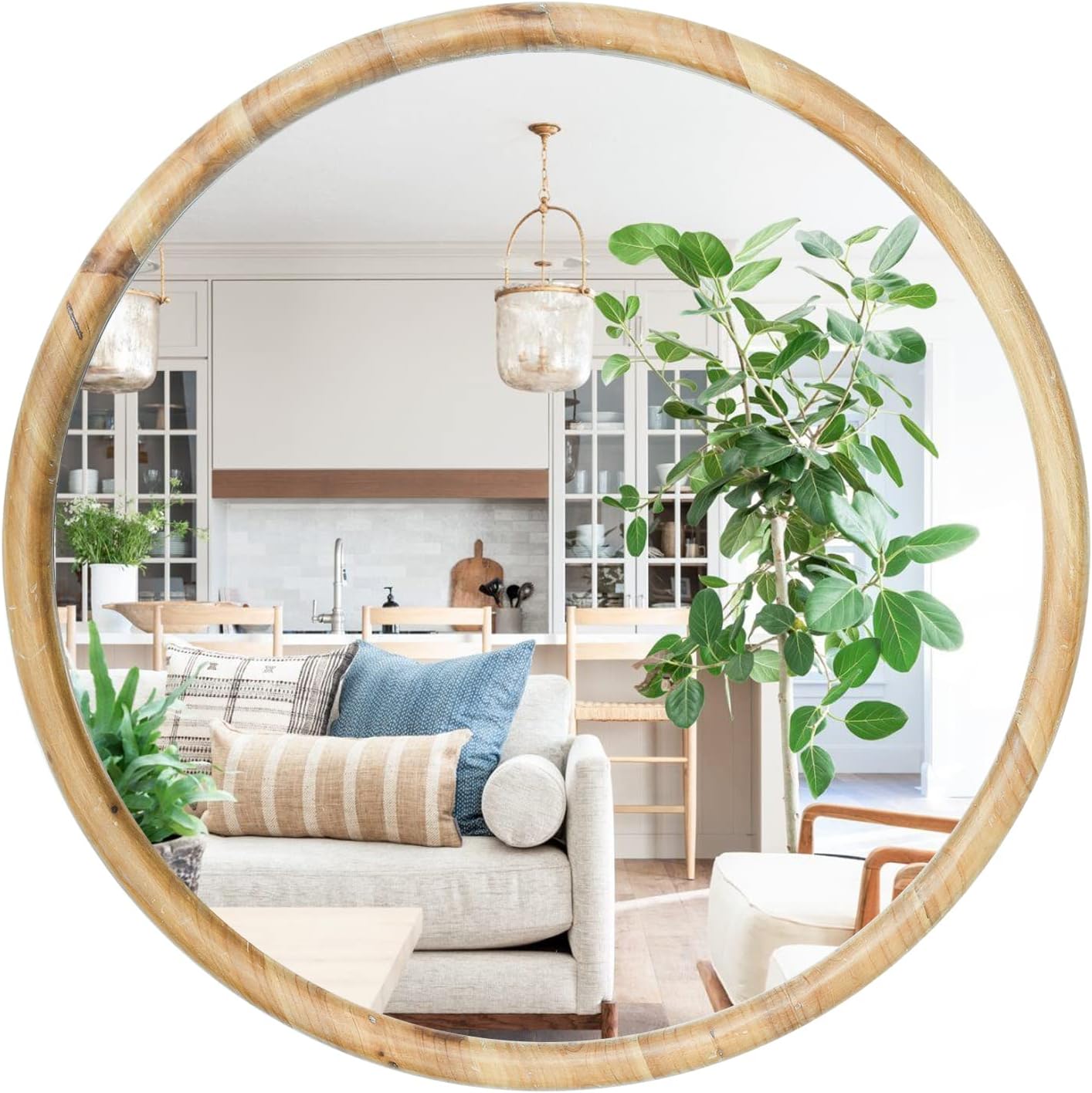 Espejo de madera natural de 24 pulgadas, espejo circular grande rústico decorativo para sala de estar, chimenea, pasillo, granja