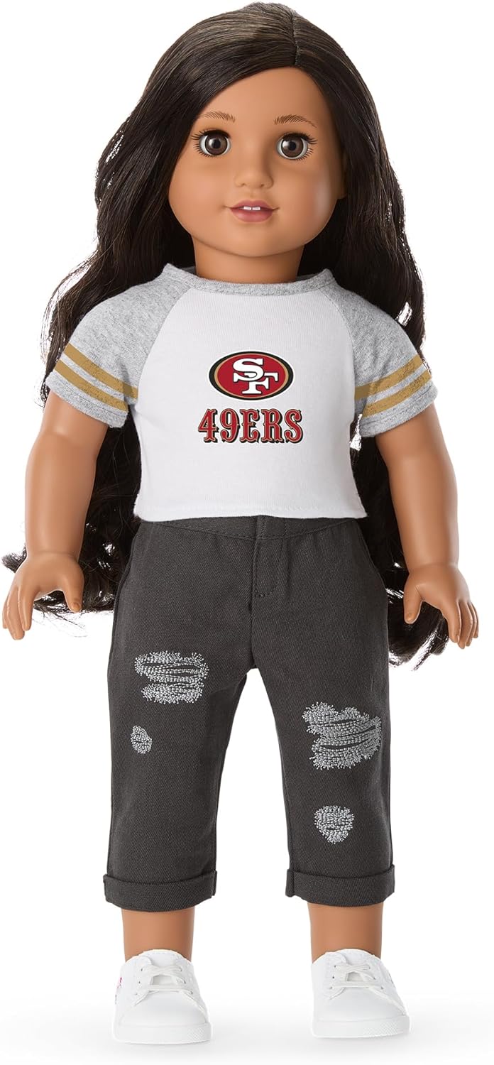 American Girl San Francisco 49ers – Camiseta para fanáticos de 18 pulgadas con cuello redondo y manga corta a rayas, color rojo y dorado, 1 pieza, a