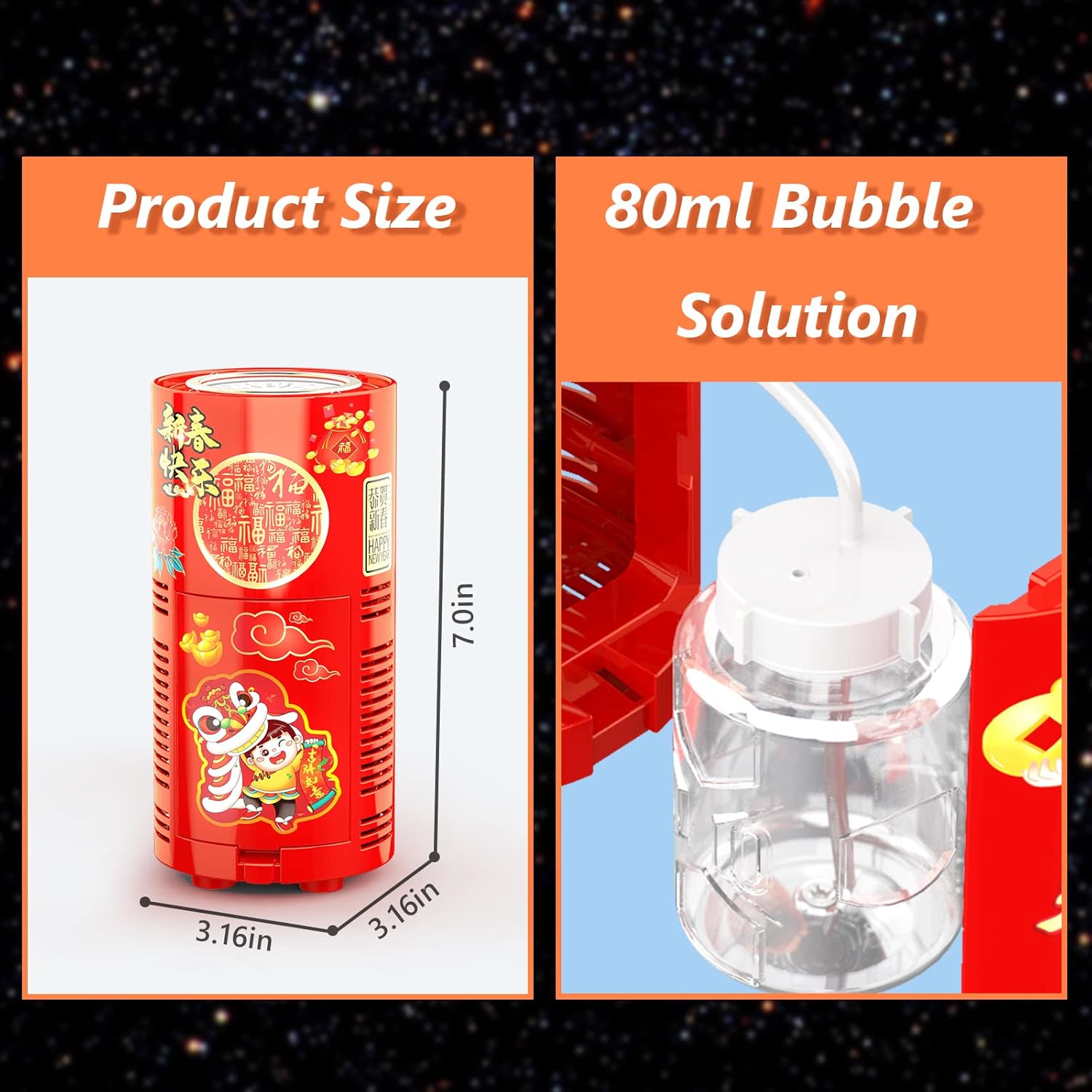 Máquina de burbujas de fuegos artificiales con solución de burbujas de 2.7 fl oz, máquina automática portátil de burbujas con luces y música para