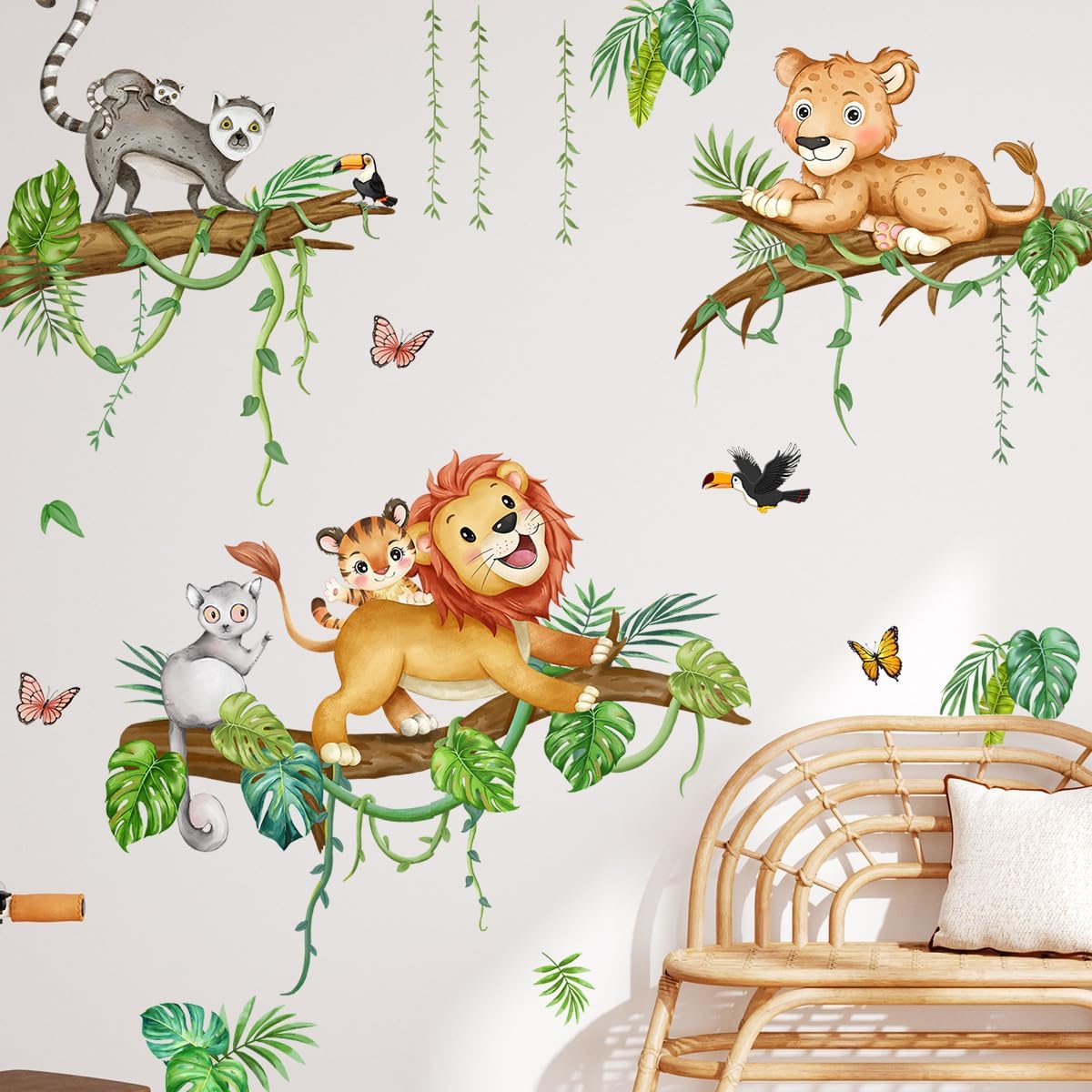 Runtoo Calcomanías de pared de animales de safari, león, hojas de palmera tropicales, animales de selva, rama de árbol, calcomanías artísticas para