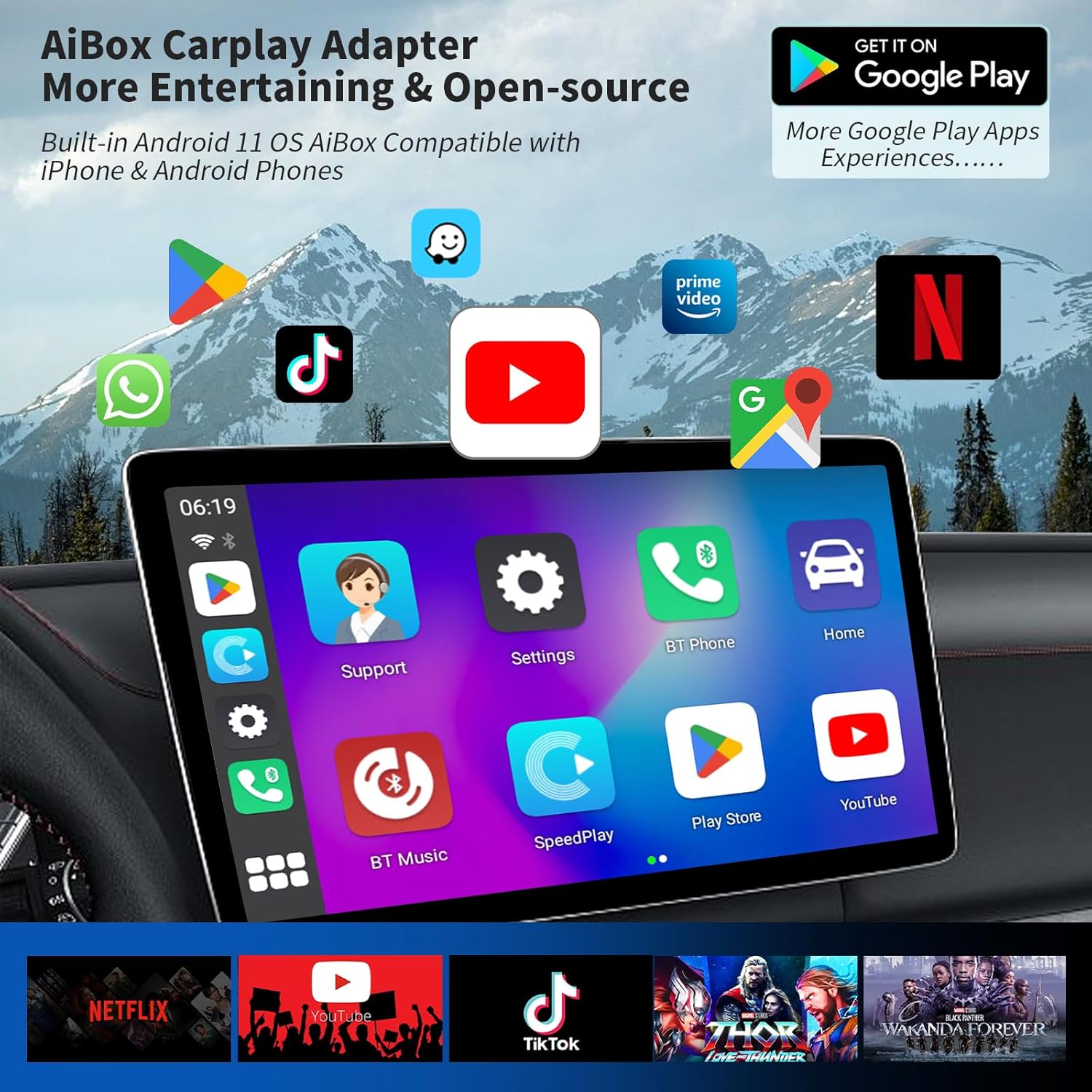 Adaptador inalámbrico Carplay con Netflix YouTube TikTok Google Play, Carplay inalámbrico y adaptador automático Android para automóviles CarPlay