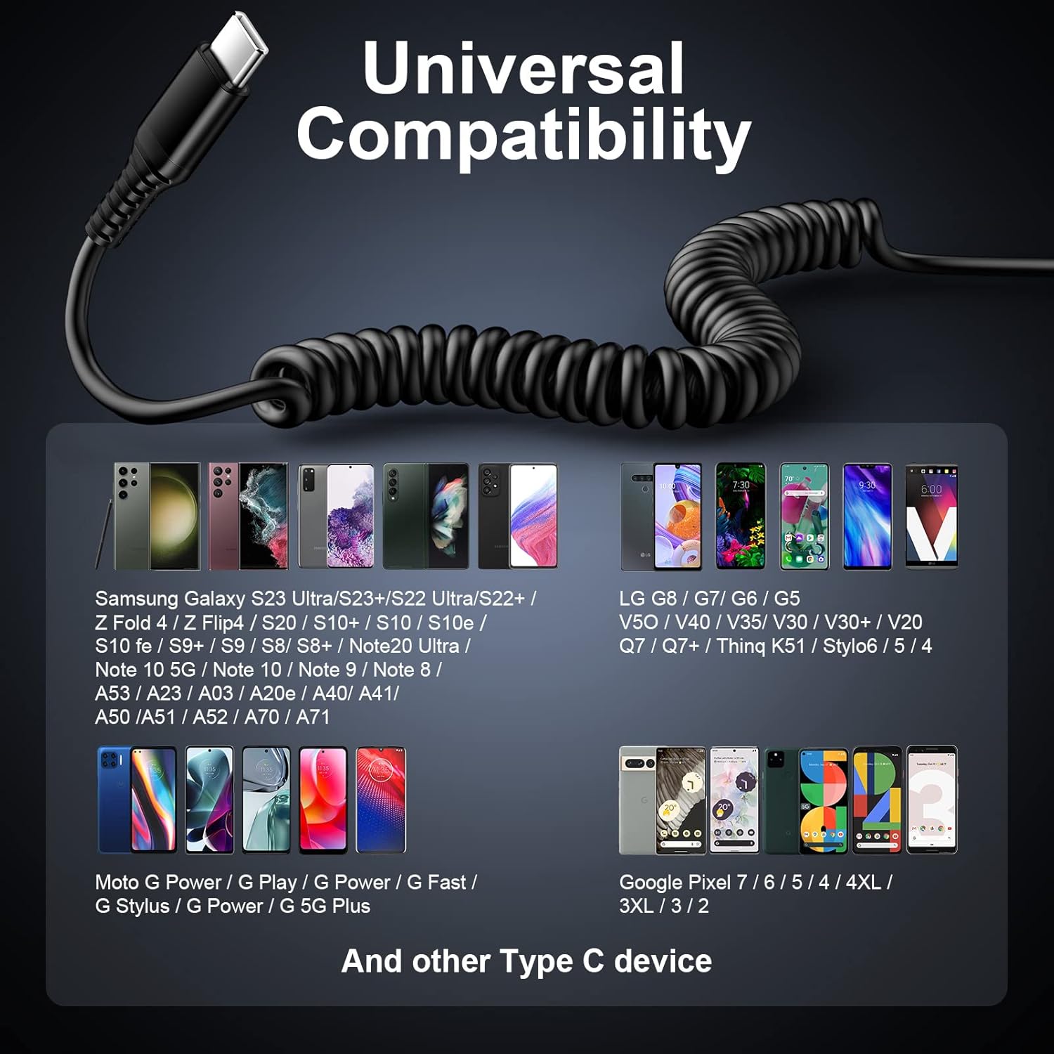 Cable cargador para teléfono Android tipo C en espiral de 5 pies+5 pies USB A a USB C, cable USB tipo C de carga rápida para Samsung Galaxy