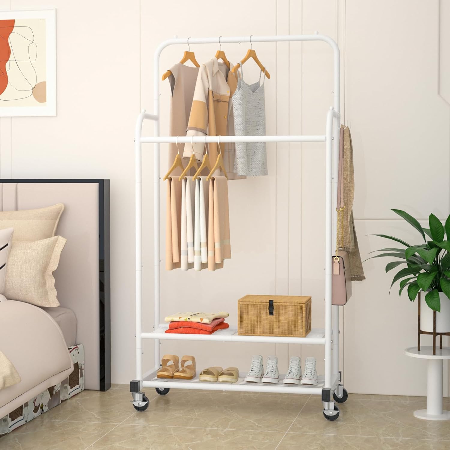 Double Rod Clothes Garment Rack, Heavy Duty Clothing Rolling Rack for Hanging Clothes, Portable Clothes Organizer for Bedroom, Living Room, Clothing