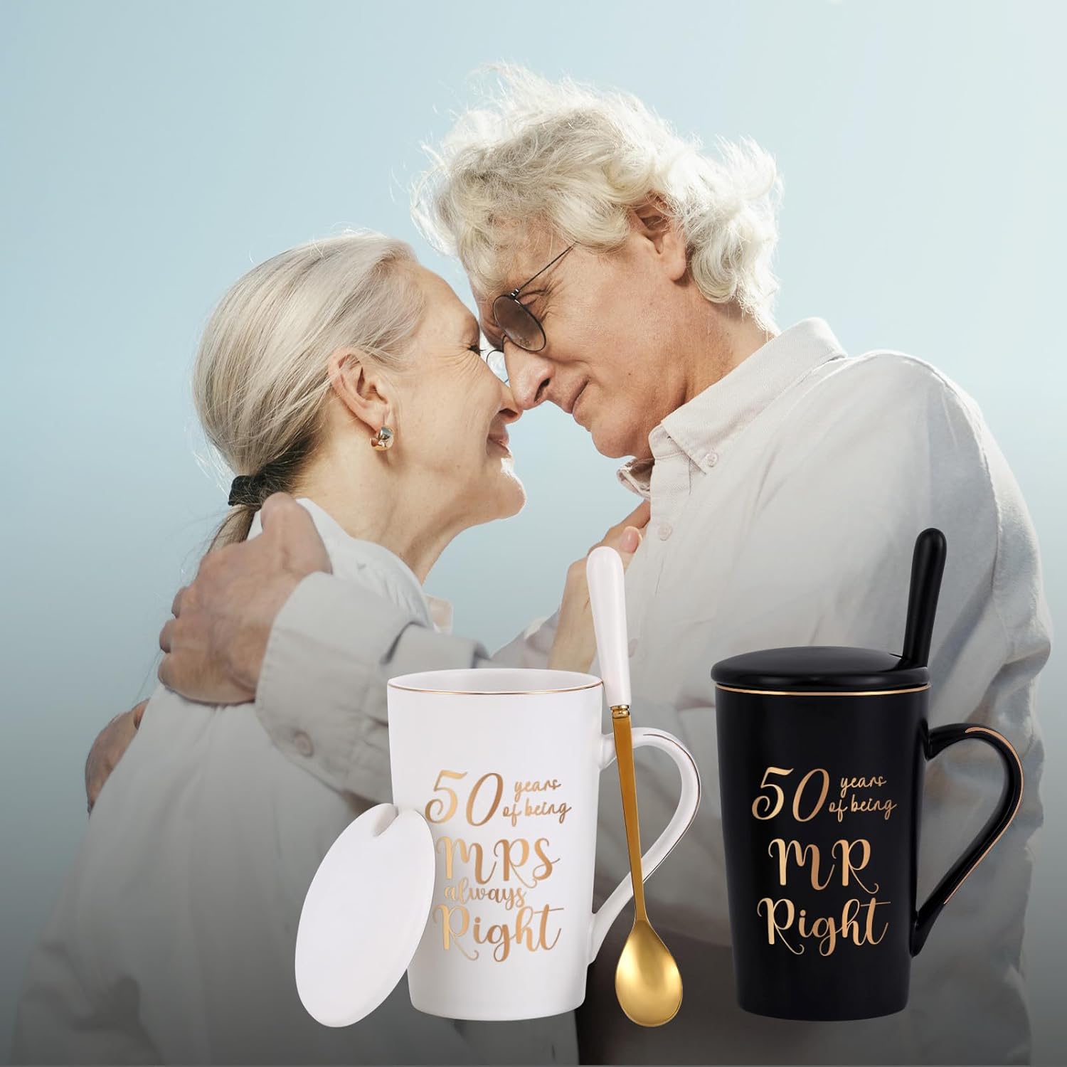 YHRJWN – 50 regalos de boda, juego de tazas de 50 años de ser el señor y la señora siempre derecha, ideas de regalos de boda para padres y parejas,