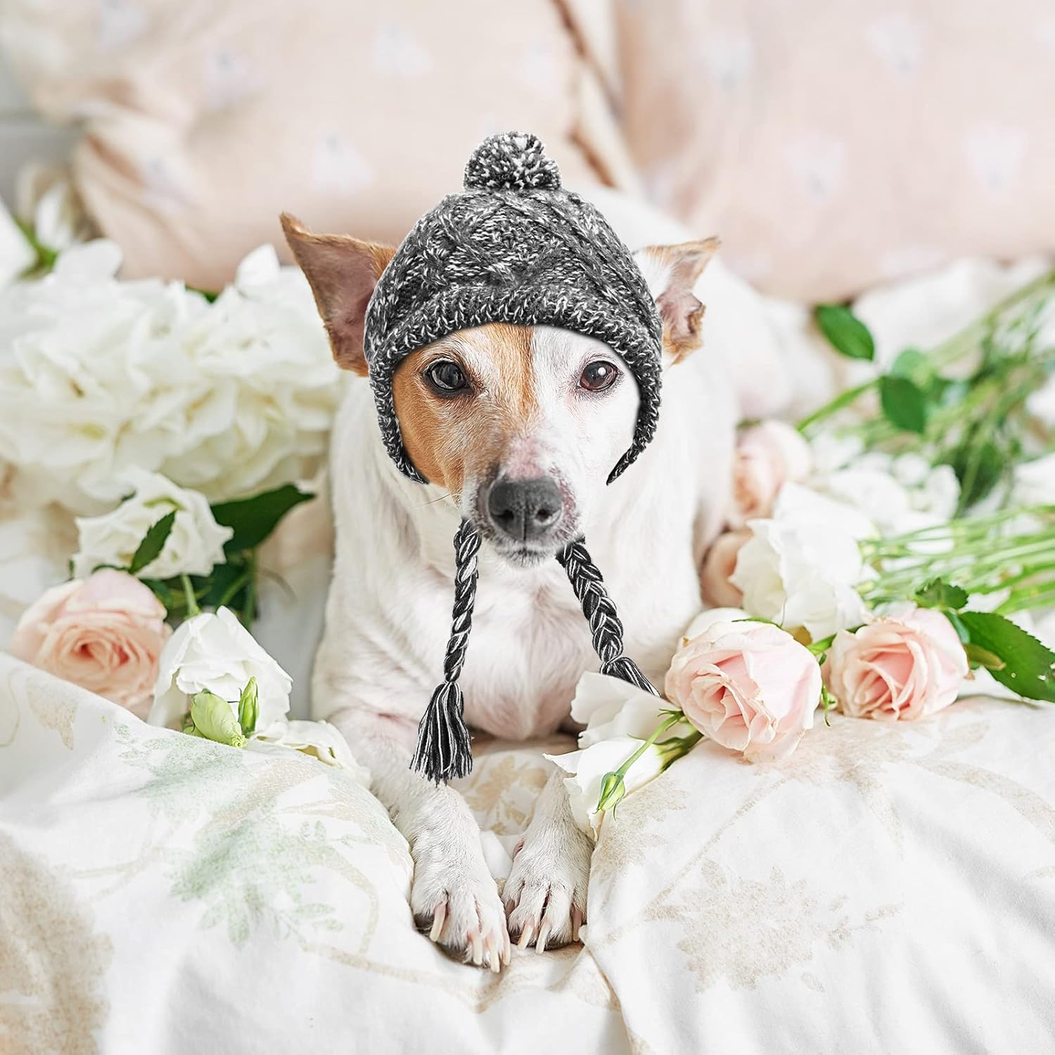 Gorro de invierno para perro, 2 piezas, cálido gorro de pompón, gorro de punto para perro cachorro con agujeros para las orejas, gorro de punto para