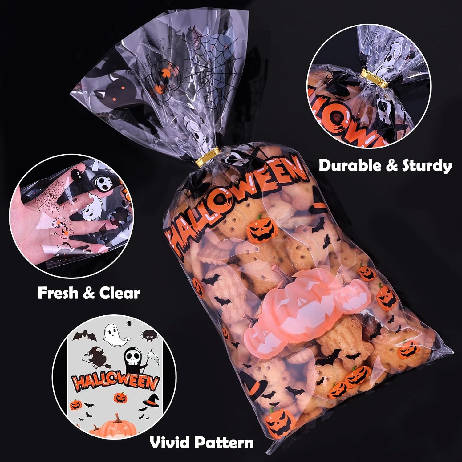 JMANNI Bolsas de dulces de Halloween para celfán, 120 bolsas de plástico transparente para Halloween, bolsas de dulces, murciélagos, calabaza y