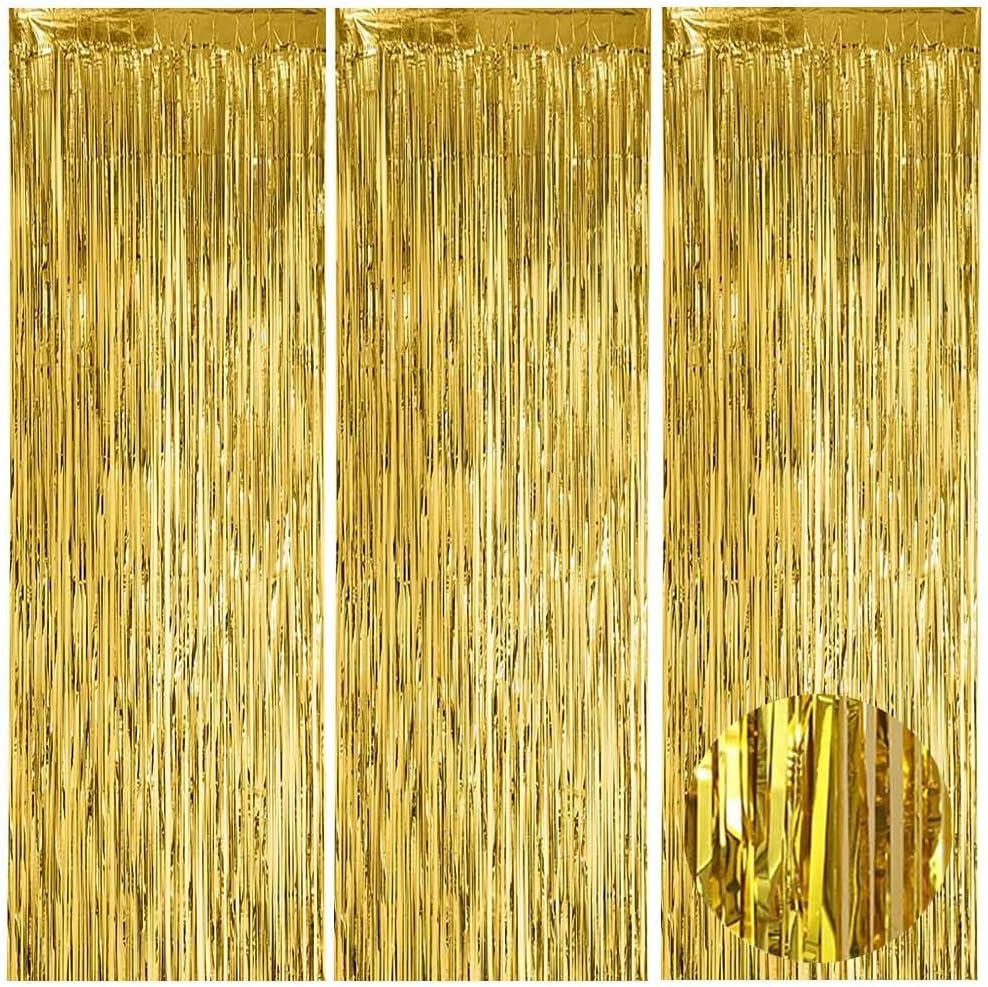 Paquete de 3 cortinas de flecos de papel de aluminio dorado de 3.3 x 6.6 pies, cortinas de fondo para decoraciones de fiesta doradas, bodas,