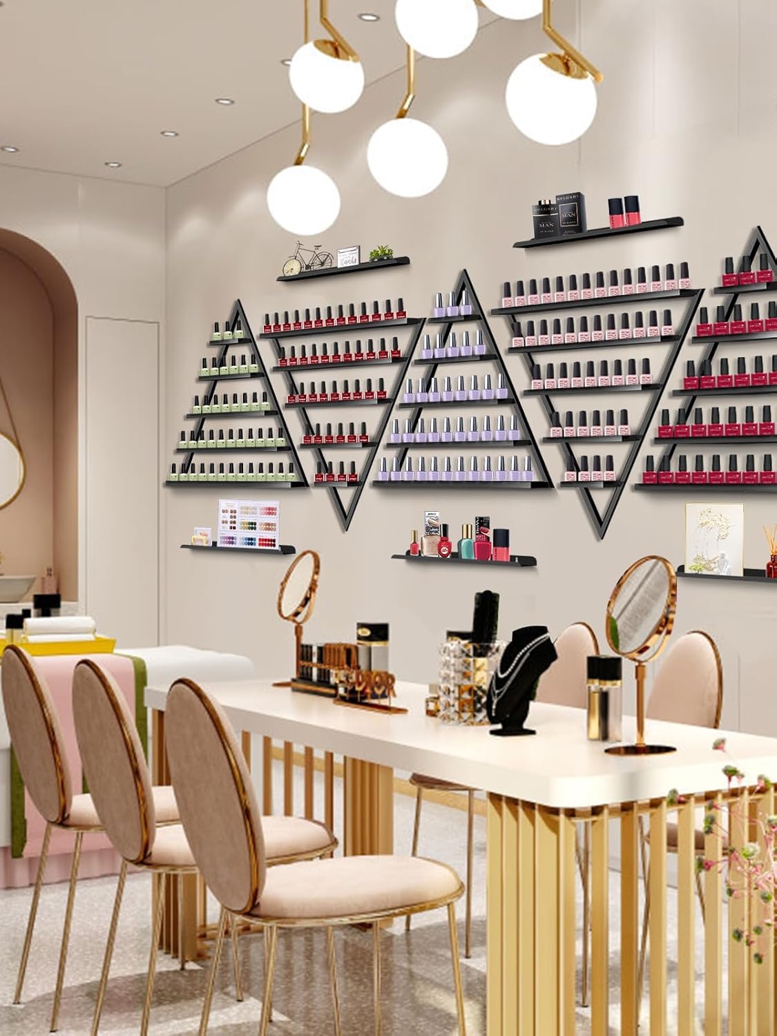10 estantes de almacenamiento de esmalte de uñas de metal para montaje en pared, 5 niveles, color negro, triangular, vitrina de cosméticos, lápiz