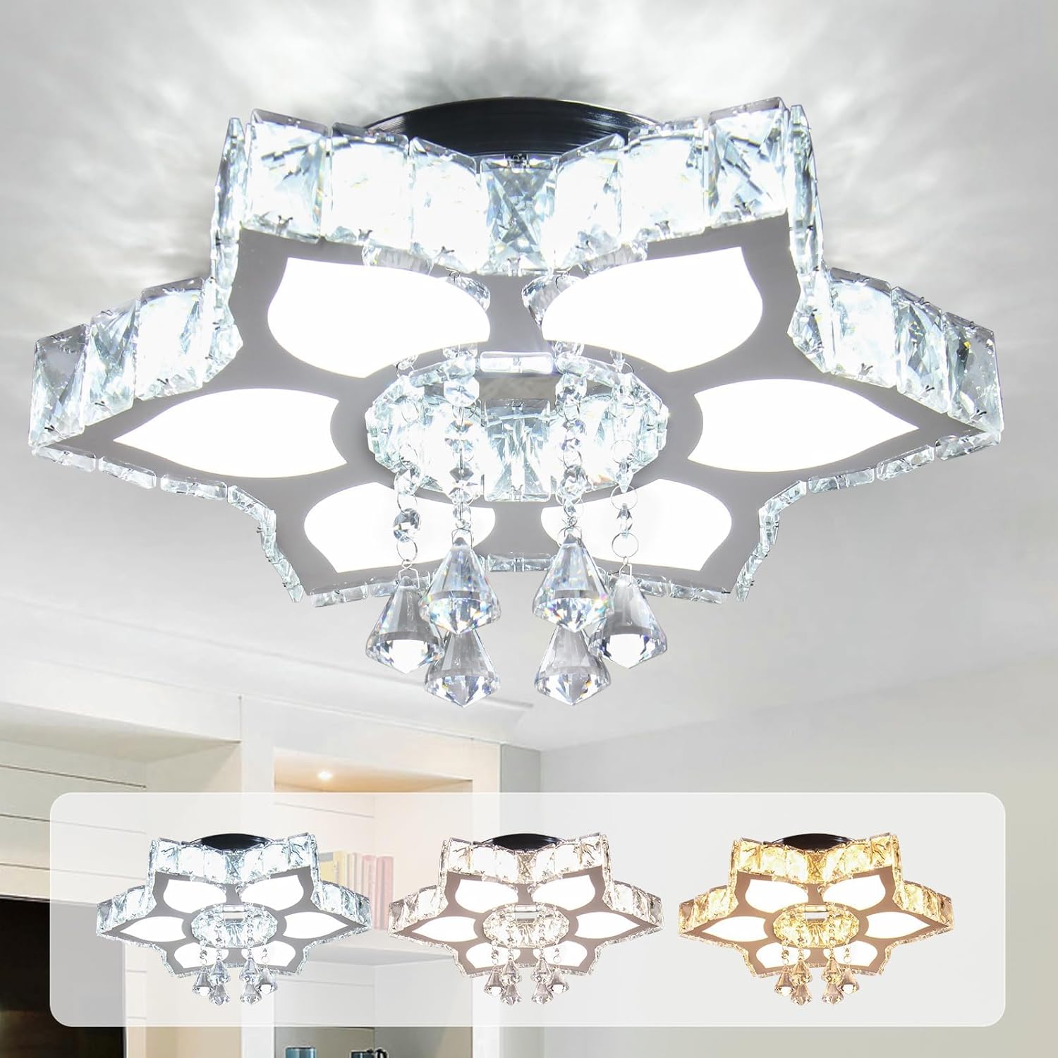 16.1 Candelabros de cristal modernos LED en forma de flor, lámpara de techo empotrada para dormitorio, sala de estar, comedor, pasillo, vestíbulo