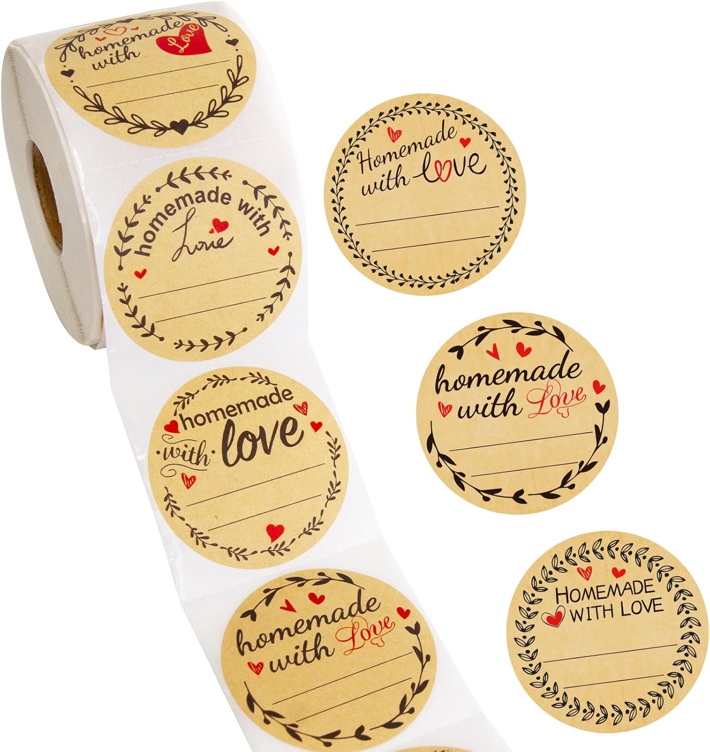500 calcomanías caseras con amor con líneas, etiquetas para conservas de frascos para envases horneados, bolsas de galletas, rollo de 2 pulgadas