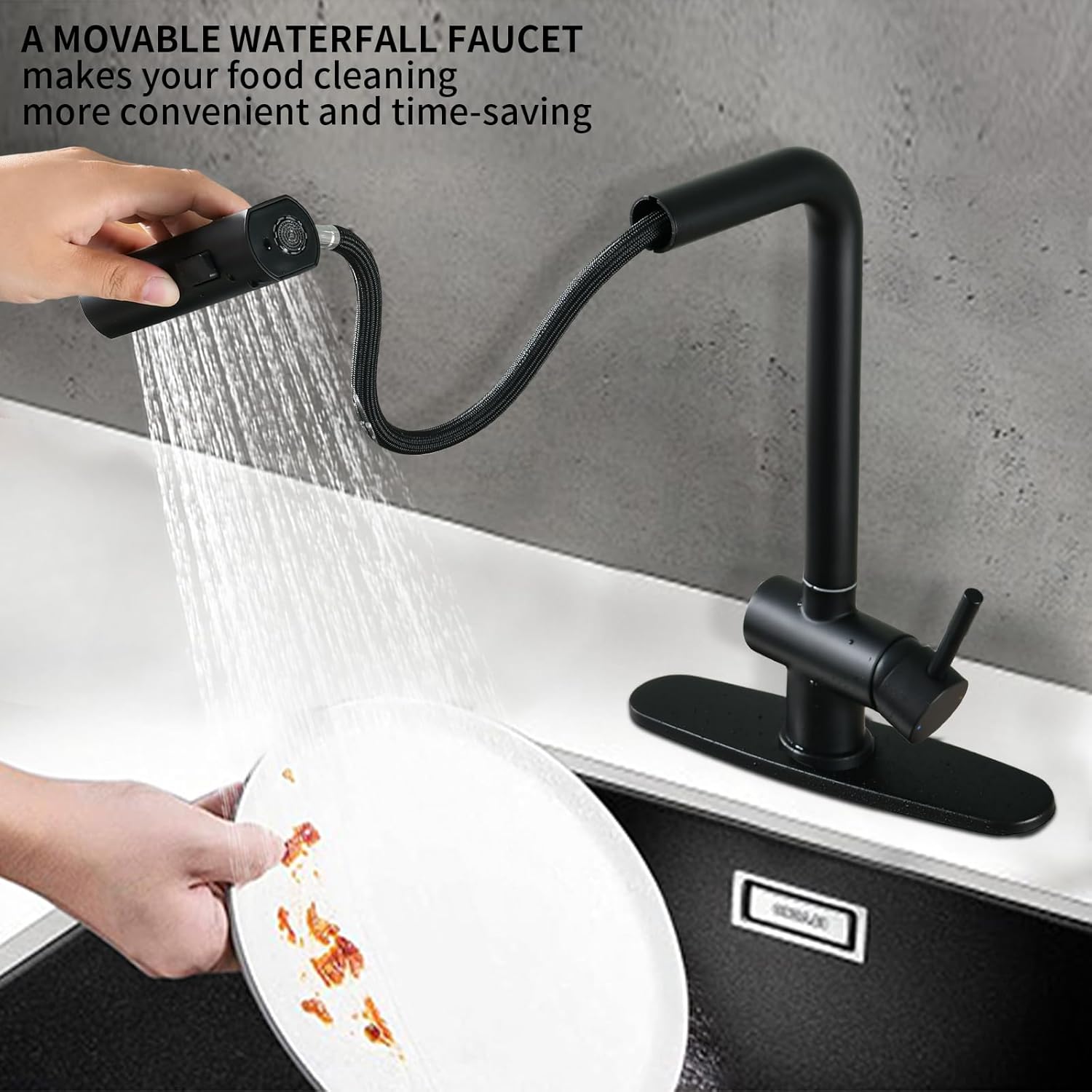 Dornberg Grifo de cocina en cascada con rociador desplegable con línea de agua, montaje de grifo de cocina de acero inoxidable sin plomo con mesa de