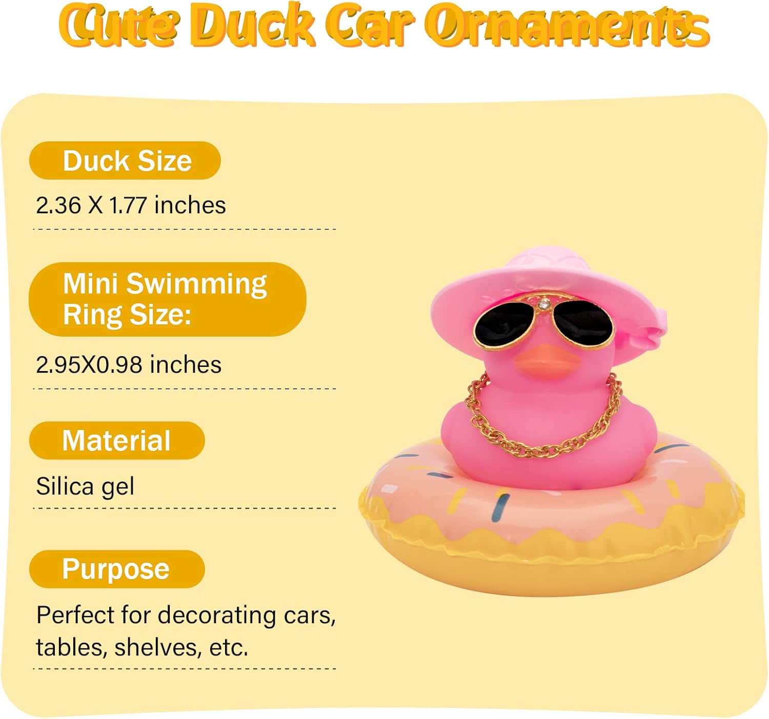 wonuu Adorno de pato para automóvil, decoración de tablero de goma para tablero de automóvil, accesorios con anillo de natación, gafas de sol,