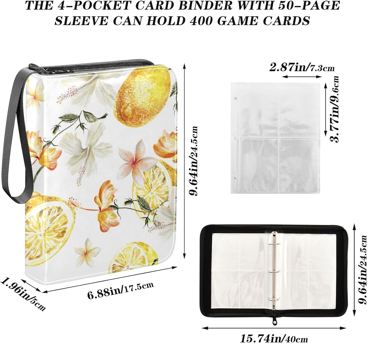 Watercolor Flowers Lemons Trading Card Binder 4-Pocket Card Holder with 50 Removable Sleeves 3-Ring Card Albums Binder Holds Up to 400 Cards Card