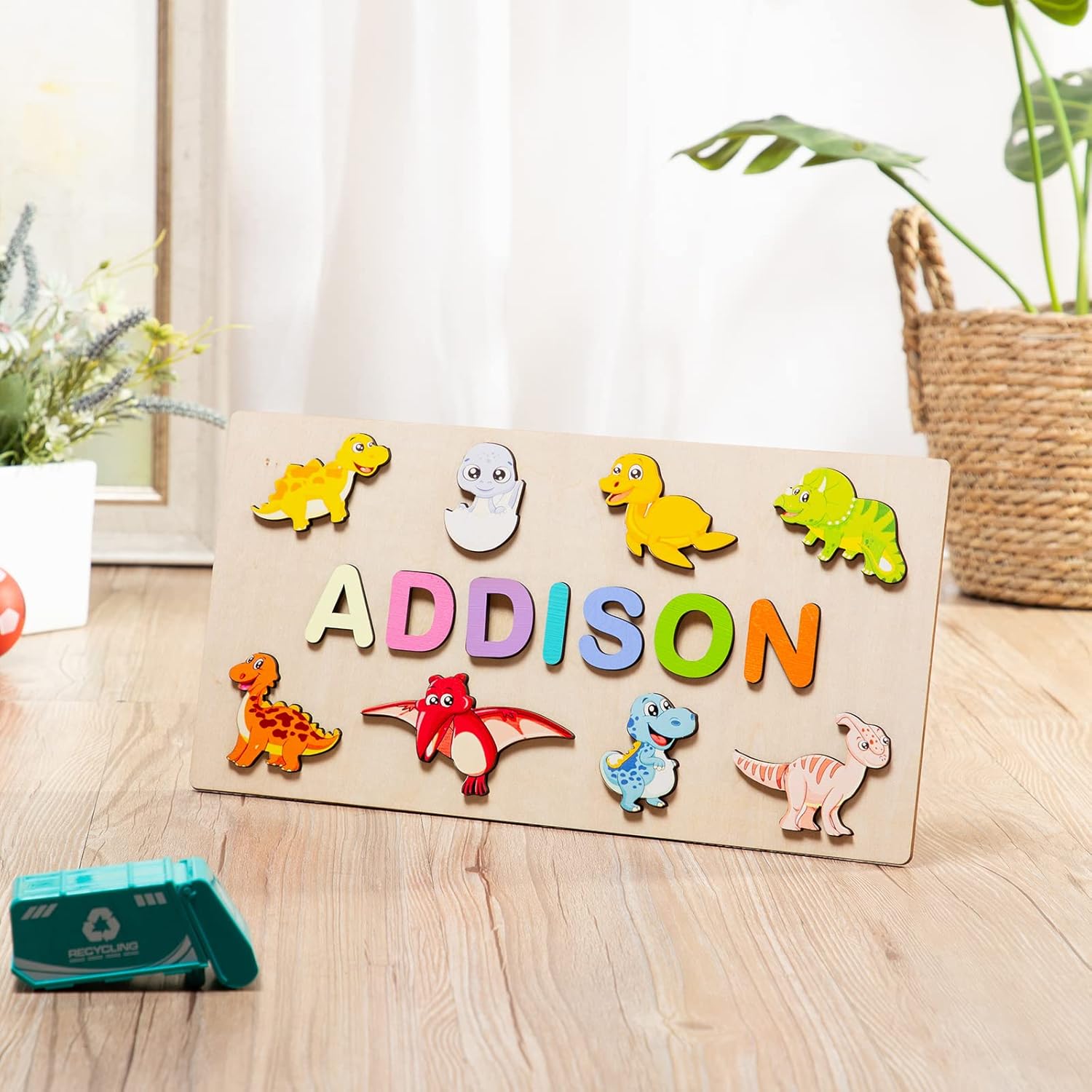 Jeweidea Rompecabezas de nombre personalizado de madera con alfabeto de dinosaurio, juguete educativo de aprendizaje de cumpleaños para niños