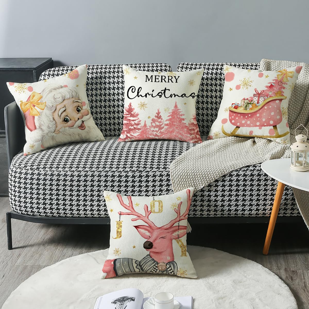 wyooxoo Fundas de almohada de Navidad de 16 x 16 pulgadas, juego de 4 fundas de almohada con diseño de reno rosa con árbol de Navidad, decoración de