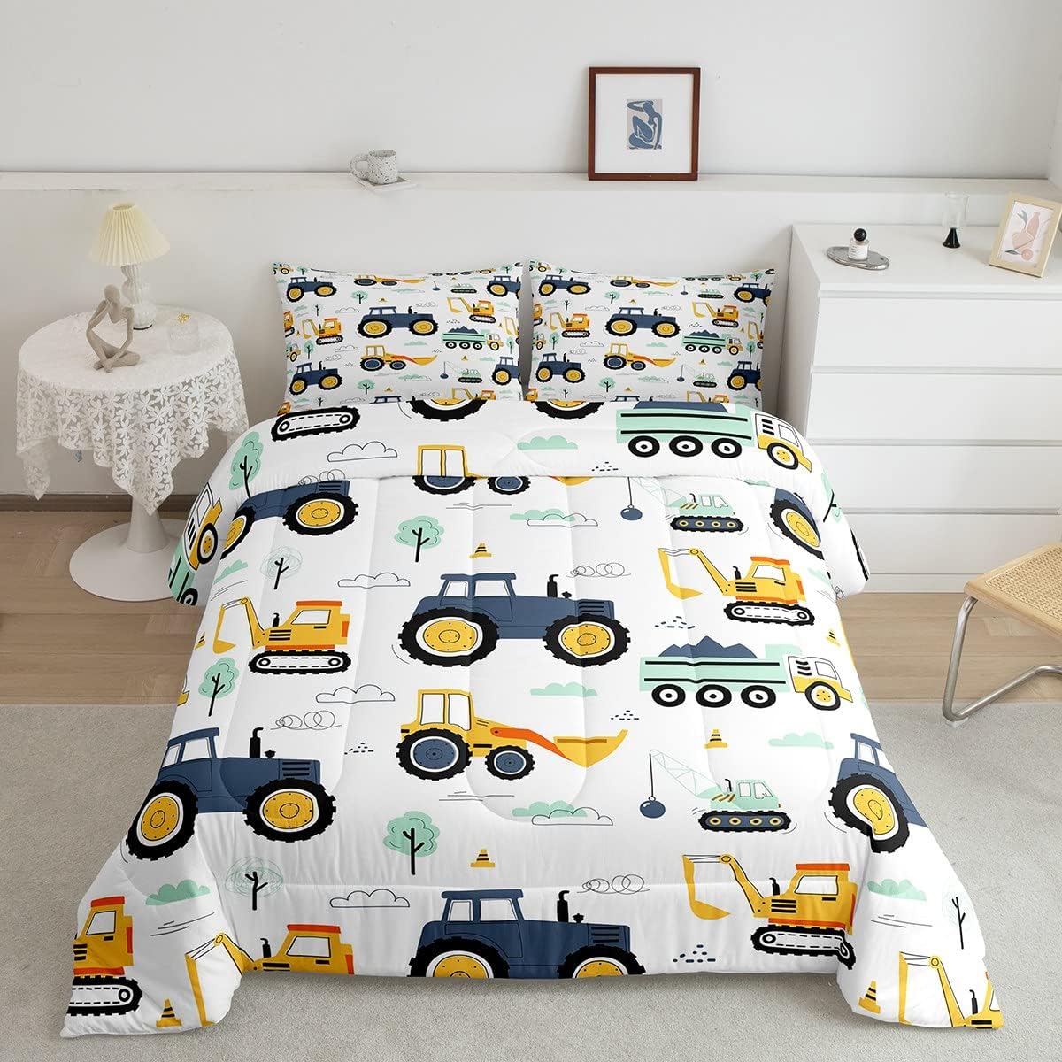 Juego de edredón de tractor tamaño Queen, juego de ropa de cama de camión de dibujos animados para niños, niñas y adolescentes, edredón de plumón de